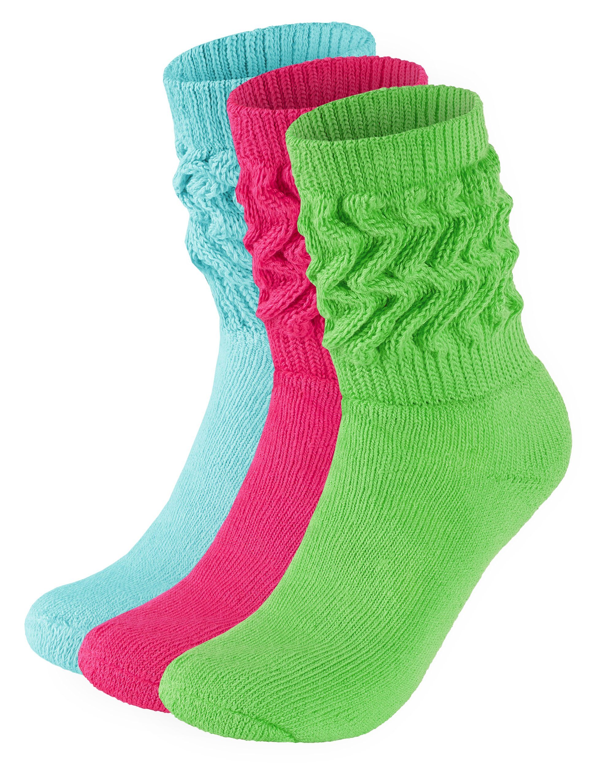 BRUBAKER Schoppersocken 3er Set Slouch Socken - Damen Baumwollsocken für Sport und Freizeit (3-Paar) Lässige Retro-Socken für Frauen - Scrunch Knit Damensocken 1x Mint, 1x Pink und 1x Grün
