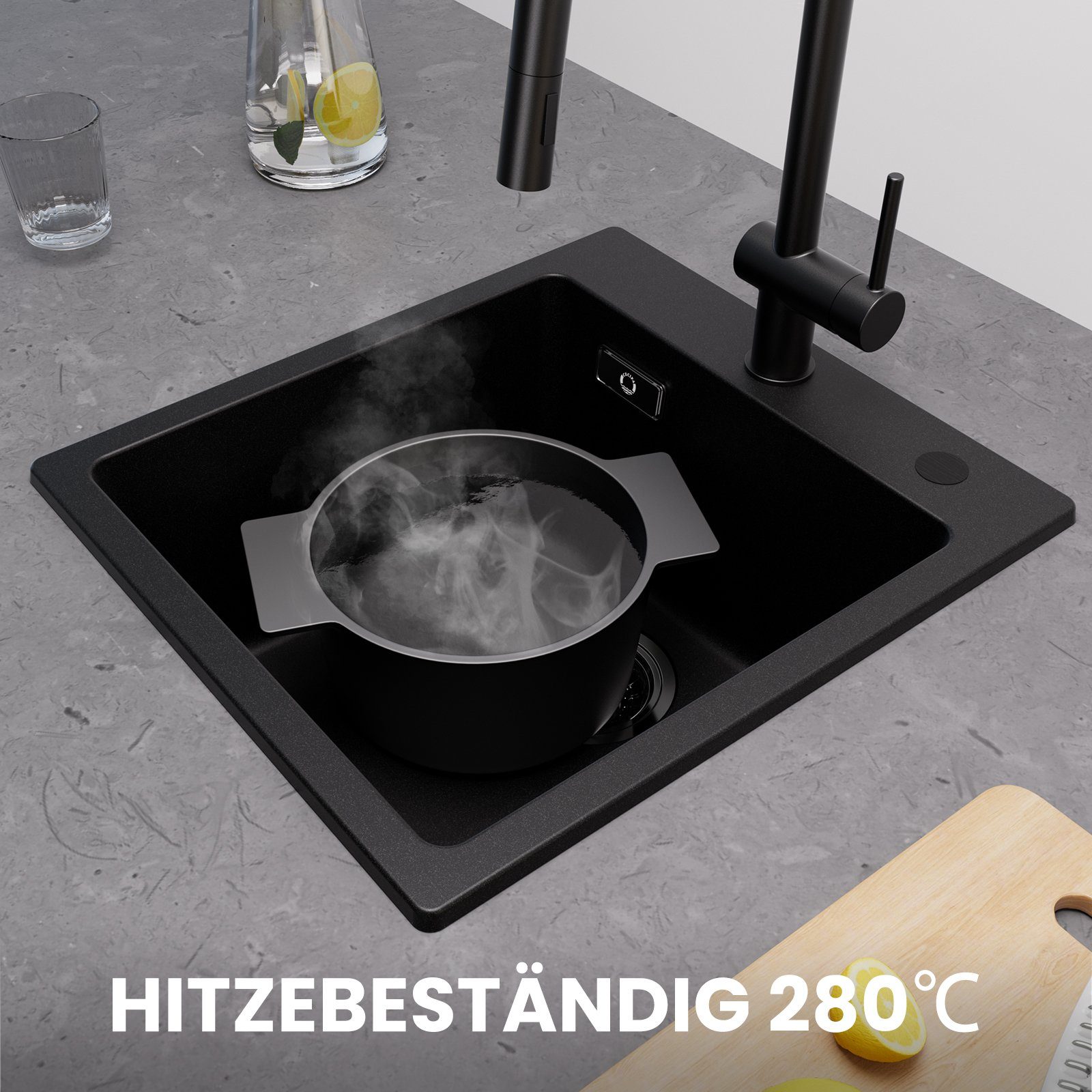 Quarz 40x45cm+Seifenspender Schwarz Küchenspüle Spülbecken CECIPA Küchenspüle aus Quarz