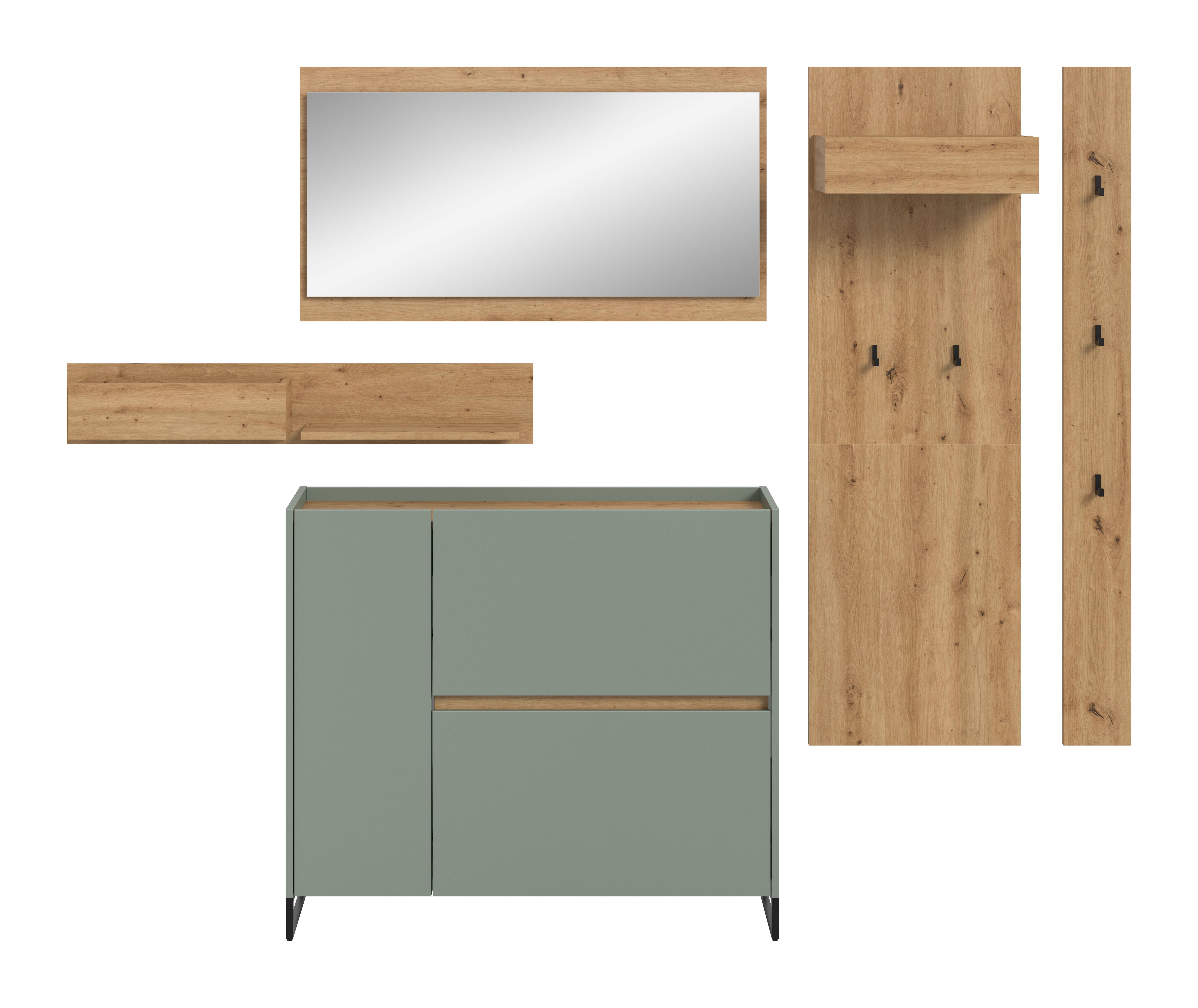 furnling Garderoben-Set Dravo, (5-St., 2x Garderobenpaneel, Hängeregal, Schuhkommode, Spiegel), 5 Haken, mit Ablagefläche, Salbei/Artisan Oak, Breite 236 cm