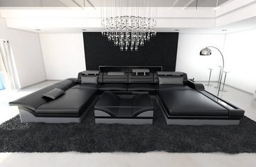 Sofa Dreams Wohnlandschaft Leder Sofa Couch Monza U Form Ledersofa, Couch, mit Ottomane, Recamiere, Liegefläche