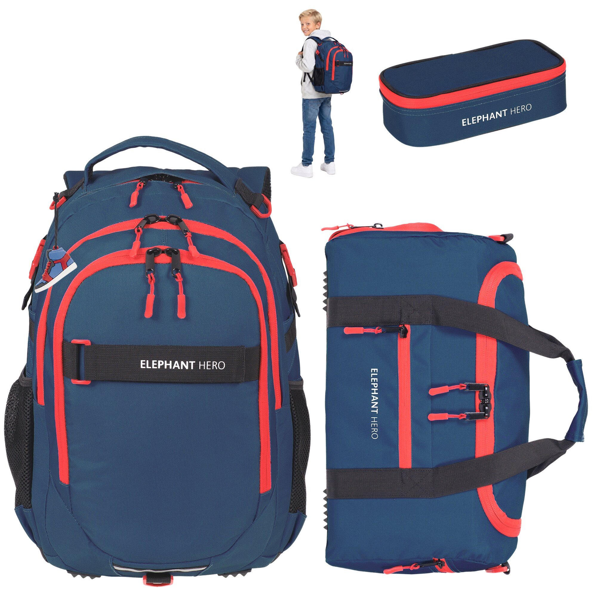 ELEPHANT Schulrucksack Hero Signature Schultasche (Set, 3-tlg., 3 Teile Rucksack Sporttasche Mäppchen Box), Softcase Schulranzen Schulmappe +rsm