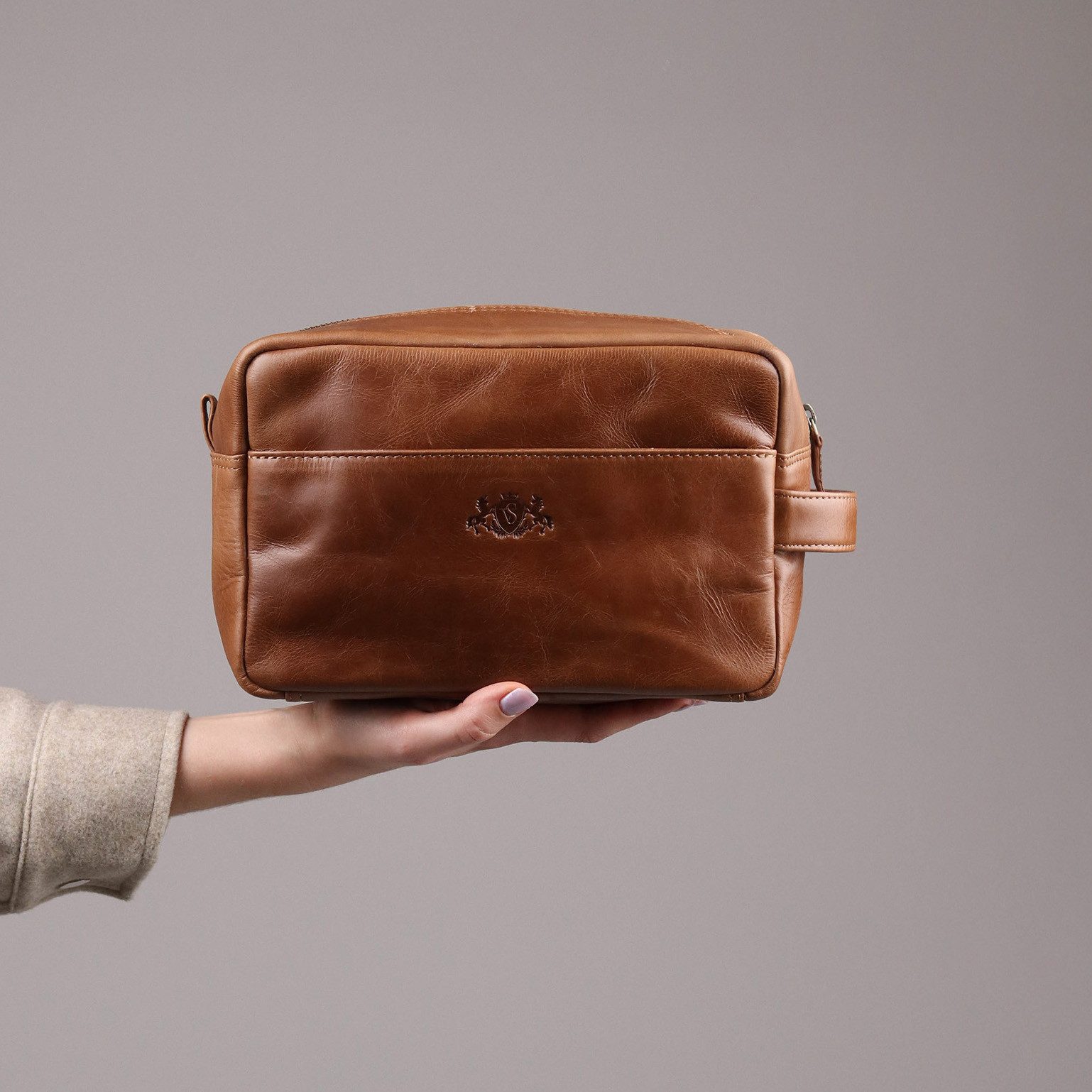 SID & VAIN Kulturbeutel echt Leder Kulturtasche groß hell-braun, Waschbeutel Echtleder für Damen & Herren, Kosmetiktasche hellbraun