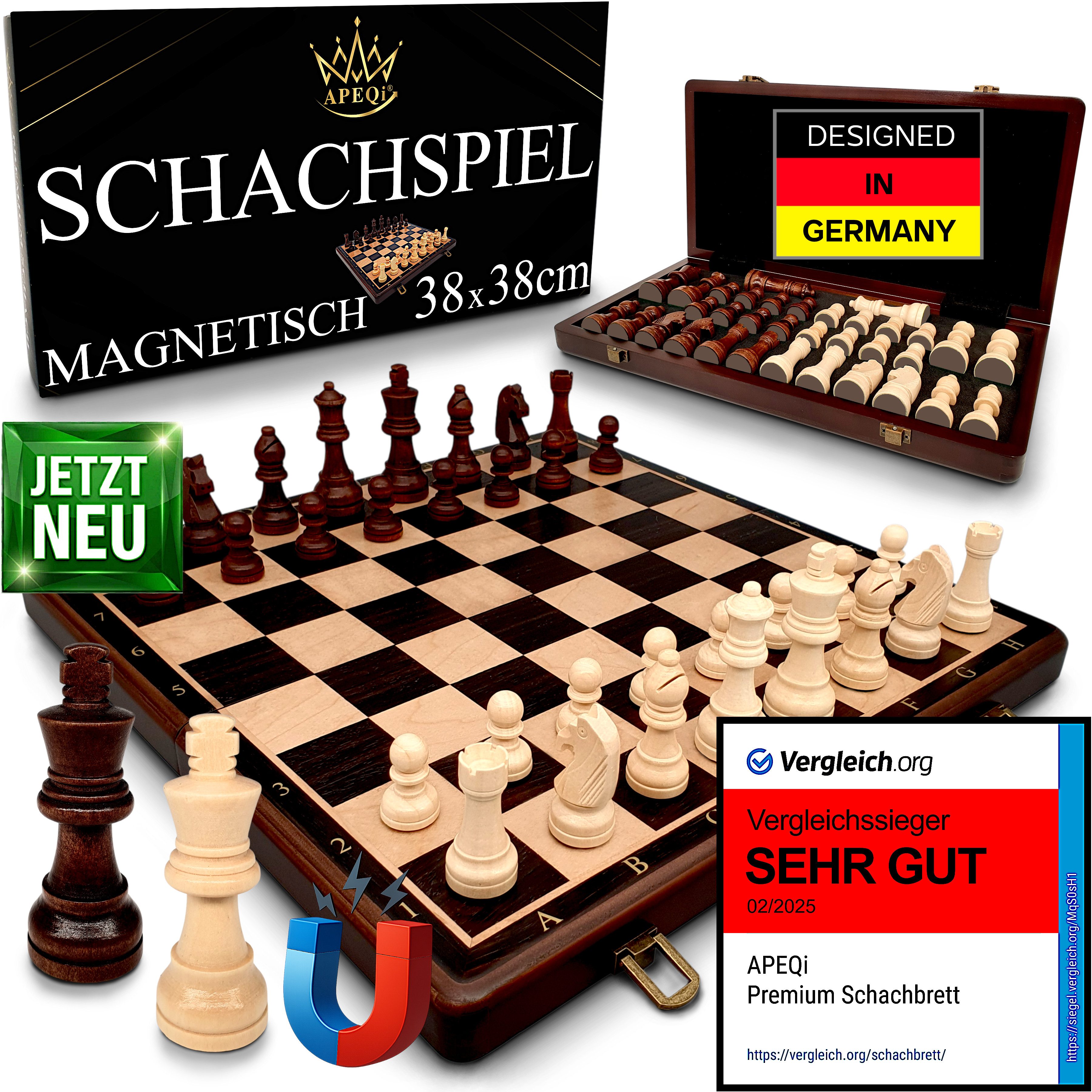 APEQi Spiel PREMIUM Schach - Schachspiel Holz hochwertig - Schachbrett mit Figuren, Massivholz, 2 EXTRA-Damen, Geschenkidee, klappbar, 34 Schachfiguren