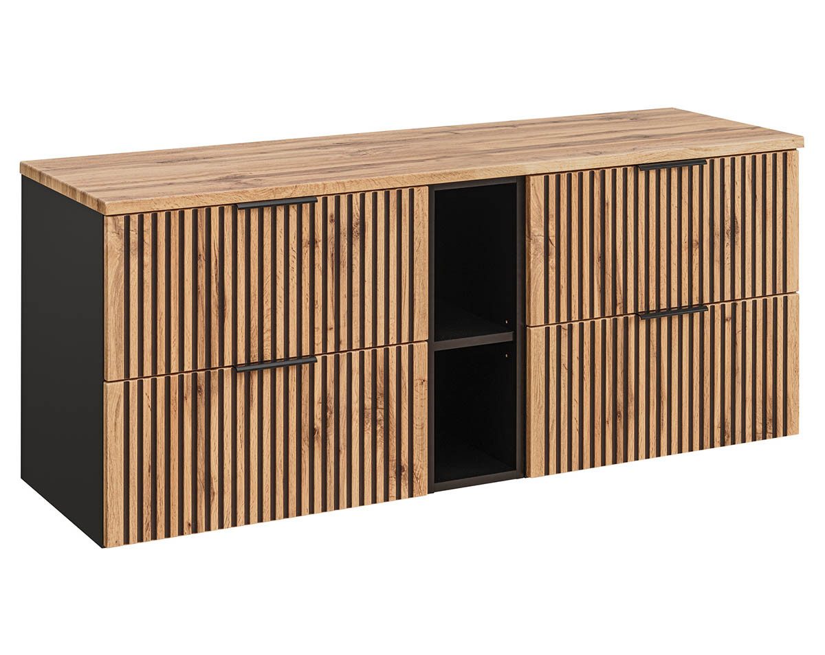 einfachgutemoebel Waschtisch-Set Doppelwaschplatz Tribune 180cm, Regalfach UB, Black - Wotan-Eiche, (Badmöbel Set, 1-St., Waschtisch Unterschrank)