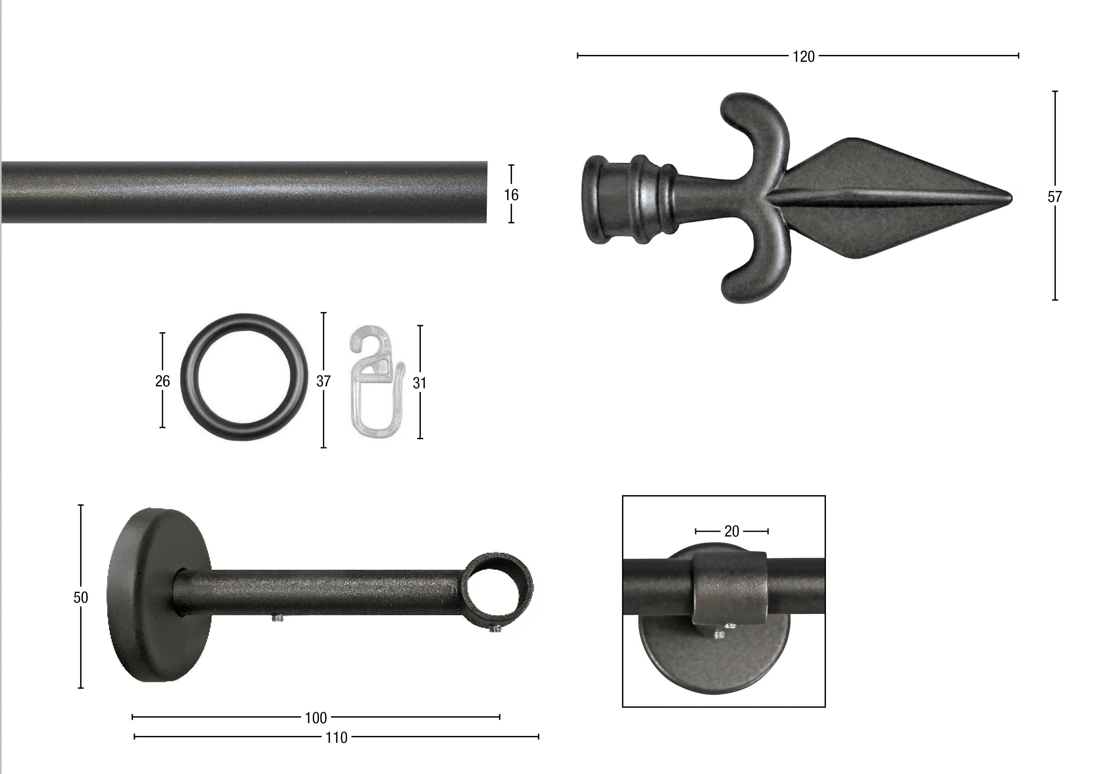 GARESA Gardinenstange RUSTIKA, Ø 16 mm, 1-läufig, Wunschmaßlänge, verschraubt, Metall, rustikale Vorhanggarnitur, verlängerbar, m. Ringe, Endknopf Pfeil
