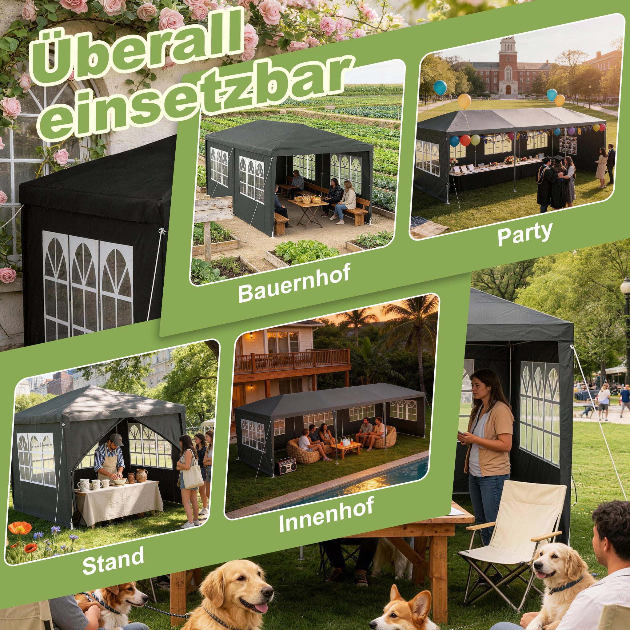 FIVMEN Pavillon Gartenpavillon Partyzelt 3x3/3x6/3x9m Festzelt Bierzelt, mit Seitenwänden Fenster Outdoor Gartenzelt für Party – Bild 5 von 5