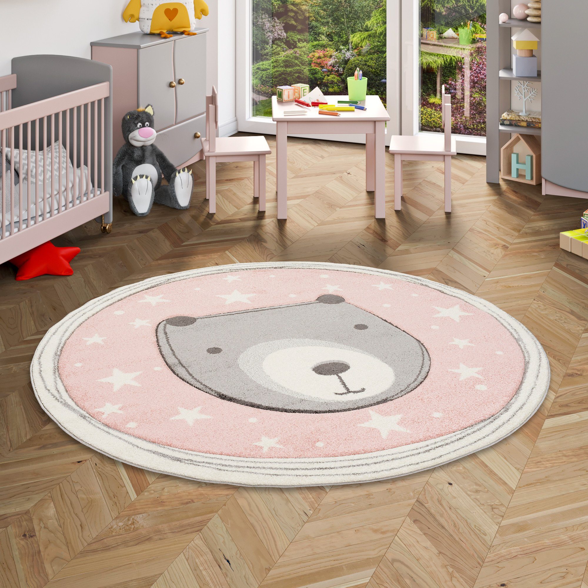 Babyzimmer dekorativ Kinderteppich Bär Krabbelteppich waschbar für Schlafzimmer 100 cm rund 