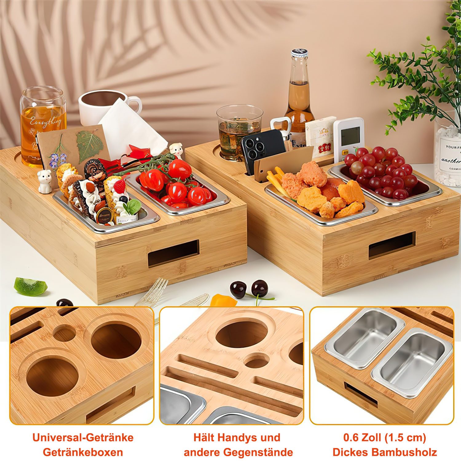 SURFOU Schüssel Snackbox mit Snackschalen aus Edelstahl und Zwei Untersetzern, (Tablett Holz Sofatablett Organizer Flaschenhalter mit Abnehmbarem), für Sofa Dek – Bild 4 von 5