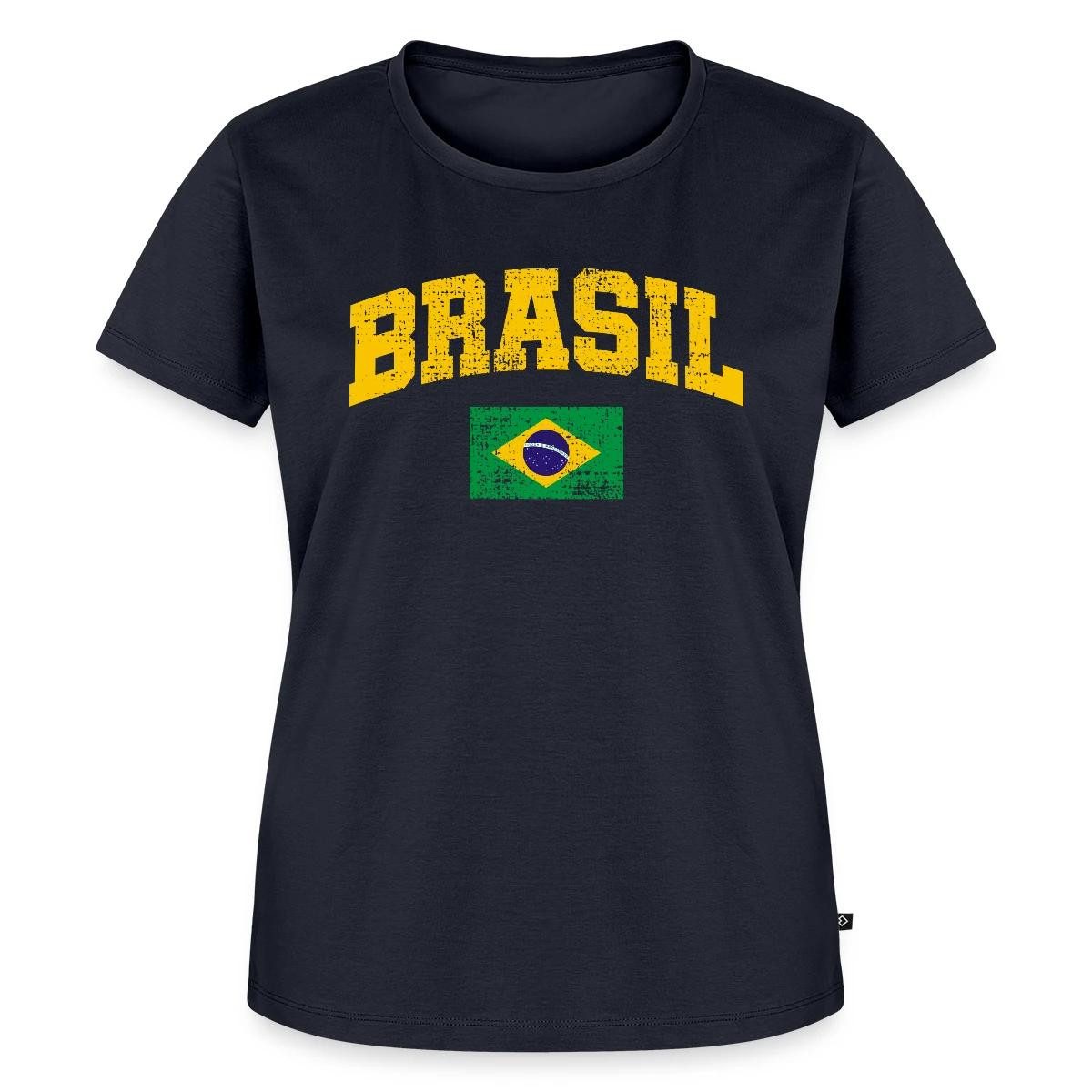 Spreadshirt T-Shirt Brasil Schriftzug Brasilien Flagge Retro Frauen Premium T-Shirt (1-tlg) Fällt klein aus. Wir empfehlen, eine Größe größer zu bestellen.