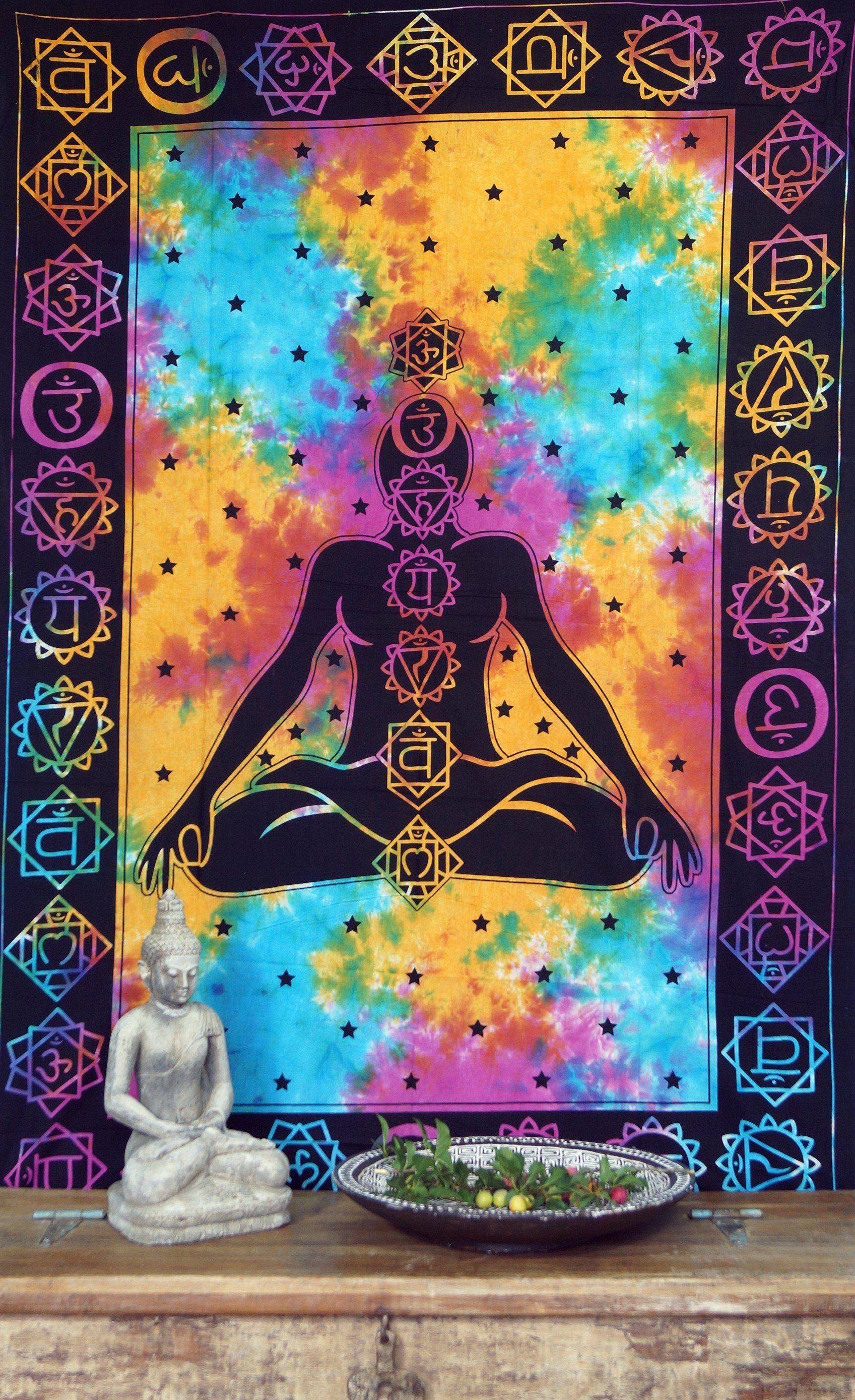 Tagesdecke Boho-Style Wandbehang, indische Tagesdecke -.., Guru-Shop Chakra Jogi Buddha / Regenbogen