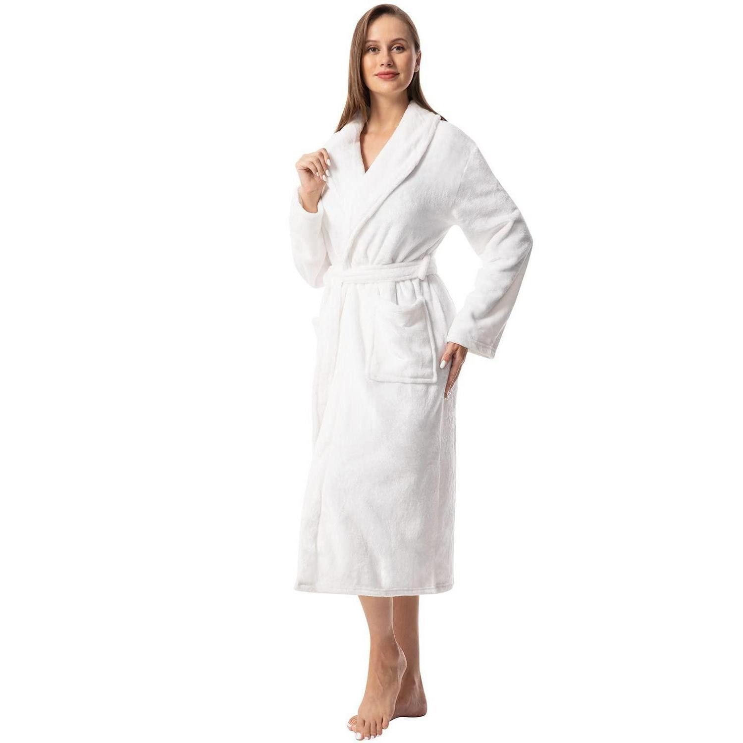 LuxusKollektion Damenbademantel Fleece Bademantel Damen Lang Schalkragen Weiß, Textil, Schalkragen