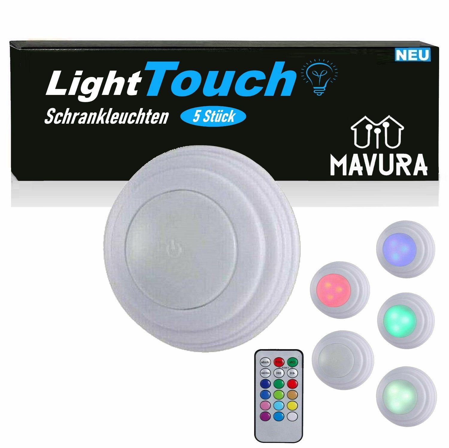 RGB LED Schrankbeleuchtung, Tageslichtweiß, Schrankleuchte Click Leuchte Schrankleuchten integriert, MAVURA LED Leuchte LightTouch kabellose Set] Tap [5er fest