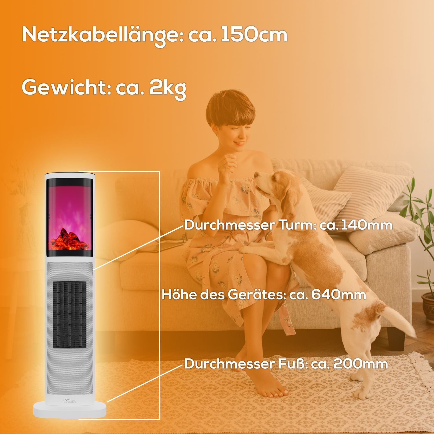 TroniTechnik Keramikheizlüfter Turmheizer KH-064, Keramikelement, Heizgerät,Oszillation,2000W,weiß, zwei Heizstufen, Überhitzungsschutz und Abschaltautomatik, T – Bild 4 von 5