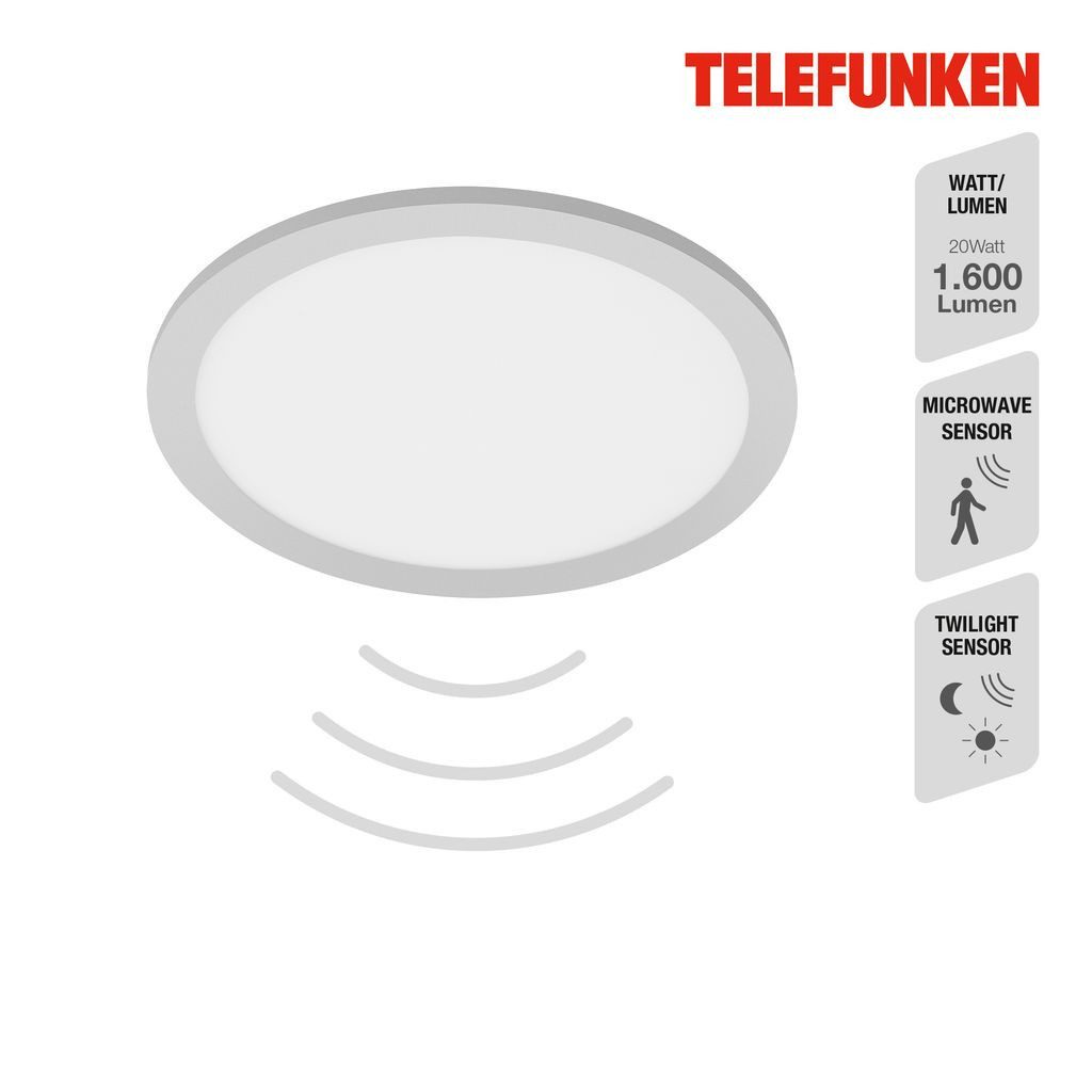 Telefunken LED Deckenleuchte 309004TF, Leuchtdauer einstellbar, LED fest integriert, 2700K - Extra-Warmweiß, Deckenleuchte Sensor Panel 20W 1600lm 4000K Ø 30cm
