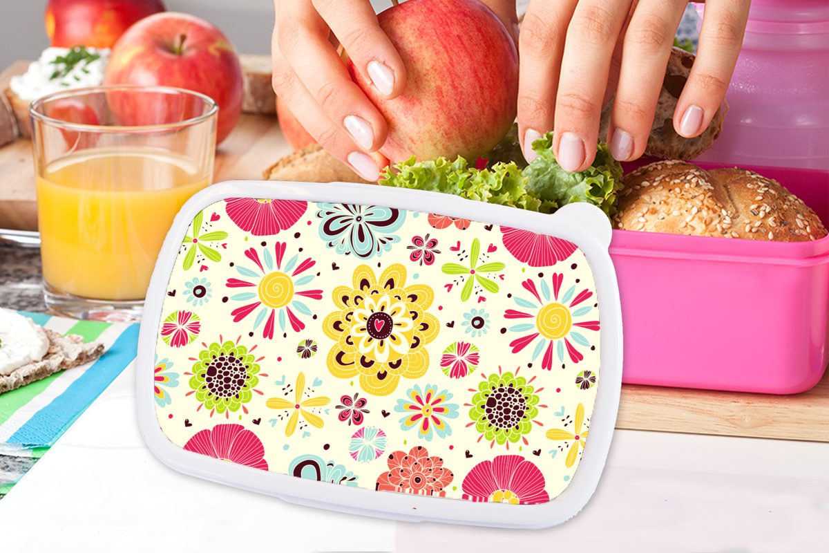 Erwachsene, Kunststoff Muster, - für (2-tlg), MuchoWow Mädchen, Blumen Kinder, rosa Brotbox Kunststoff, Herz Snackbox, Brotdose - Lunchbox