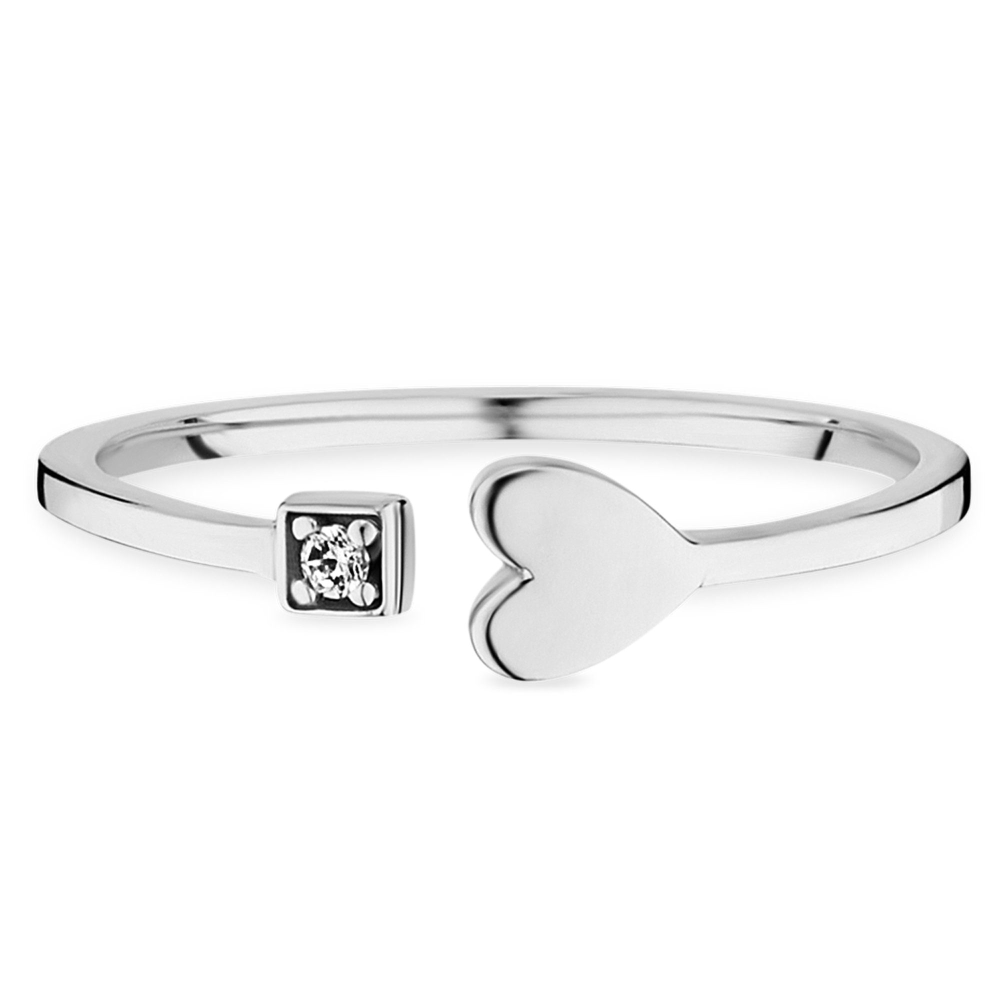 CAÏ Fingerring 925/- Sterling Silber rhodiniert Zirkonia Herz,  Oberflächenveredelung poliert