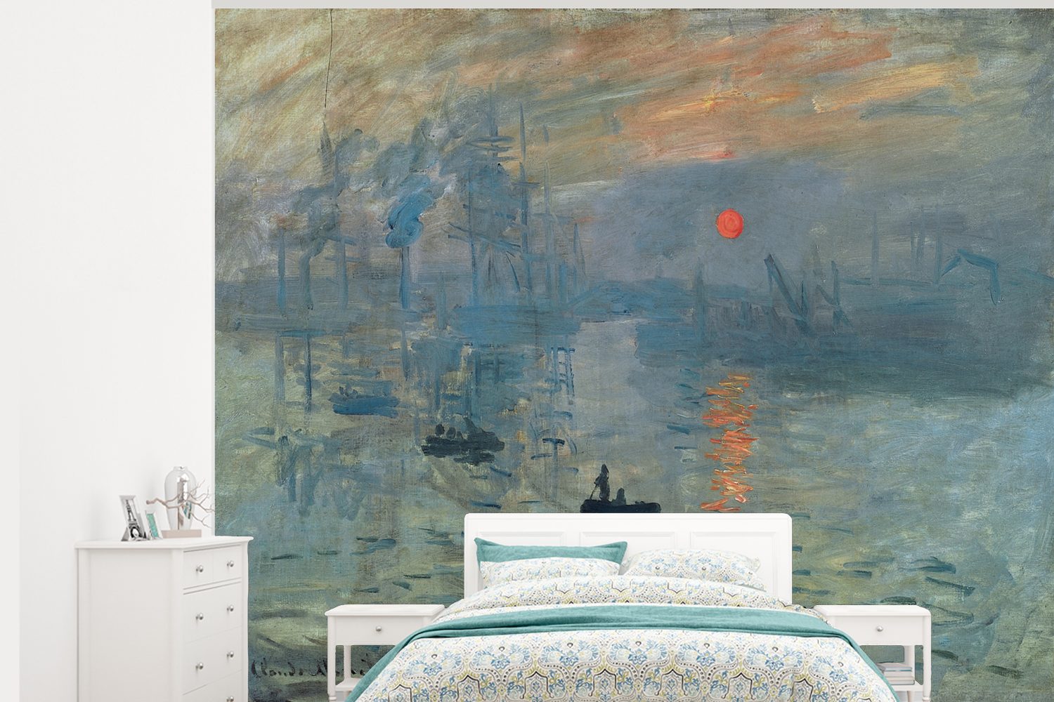 von Fototapete Tapete Montagefertig für Wandtapete Wohnzimmer, (5 St), Monet, Matt, Die Vinyl aufgehende Claude bedruckt, Sonne - Gemälde MuchoWow