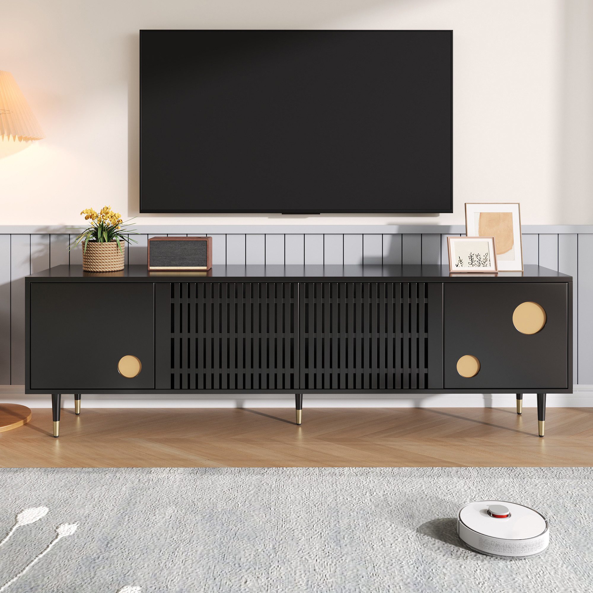 Merax Lowboard mit Goldakzenten (1 St., 170 L x 36 B x 54 H(cm), TV-Schrank mit 4 Türen,Kippschutz,Stauraum & verstellbare Metallfüße