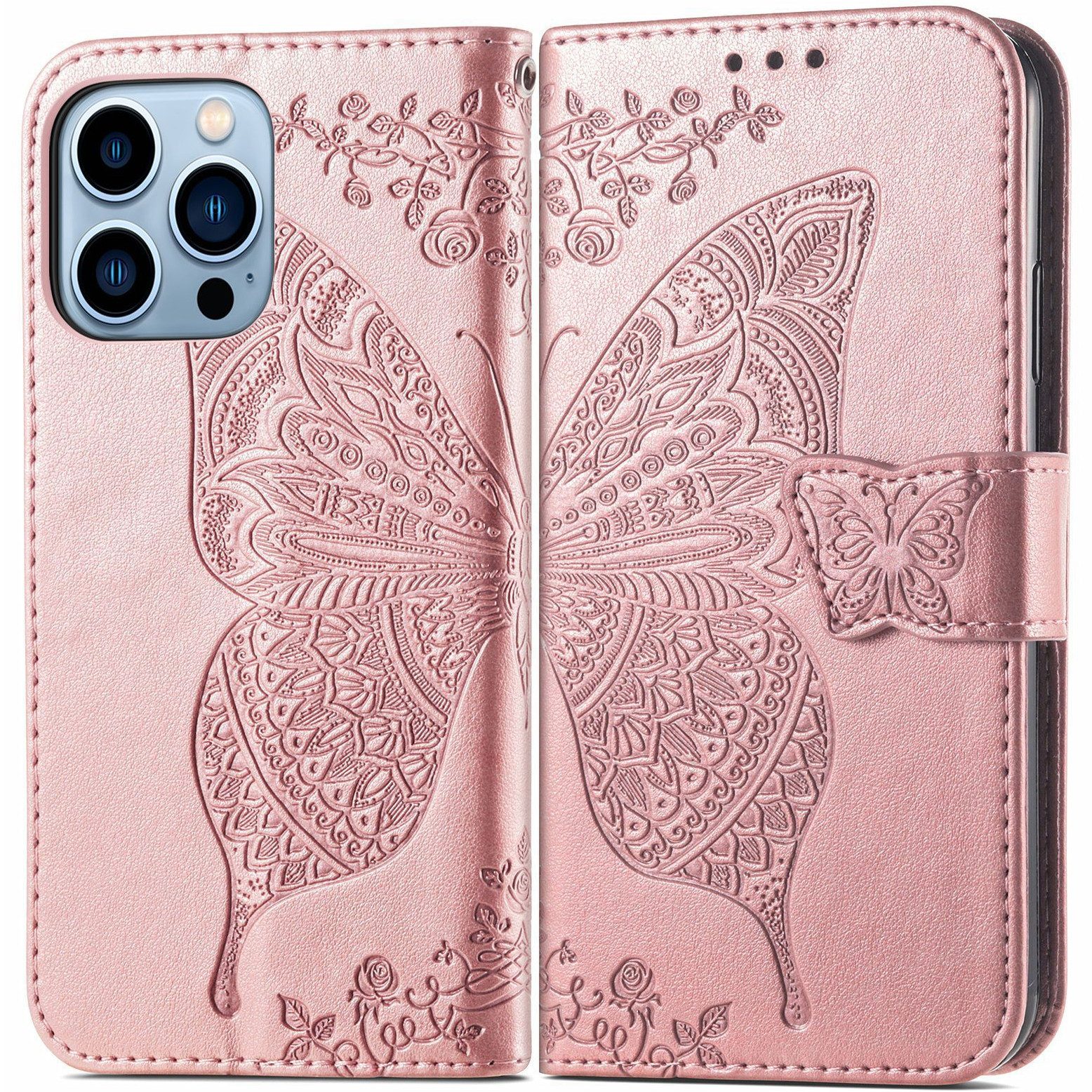 Wörleonline Handyhülle Butterfly für Apple iPhone 15 Pro Max, geblümt 17 cm (6,7 Zoll), Schutzhülle mit Magnetverschluss und 3 Kartenfächern, Klapphülle