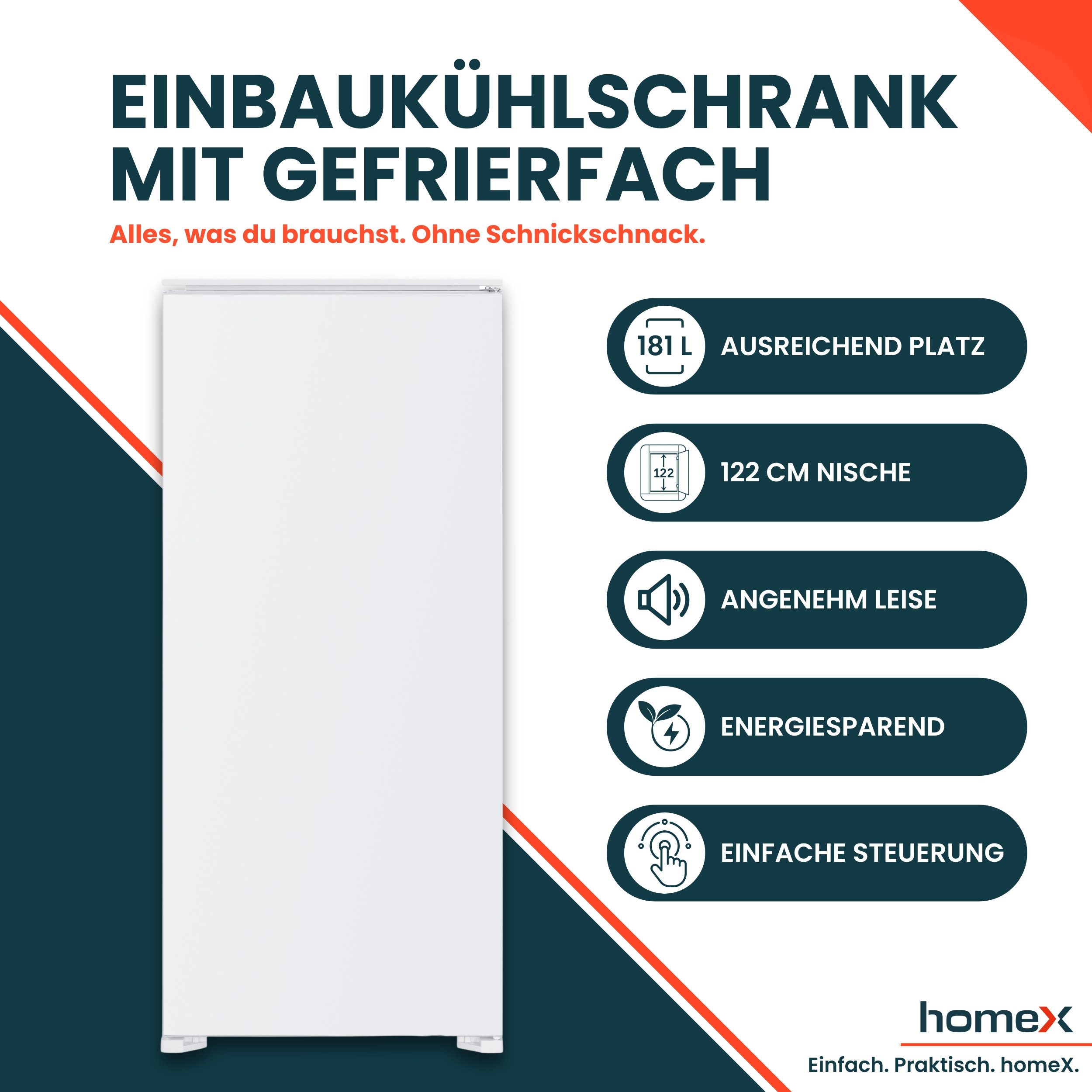 homeX Einbaukühlschrank CFB1811E, 123 cm hoch, 54 cm breit, 181 Liter, mit Gefrierfach, 122cm hoch, Schlepptürtechnik, leise 39 dB