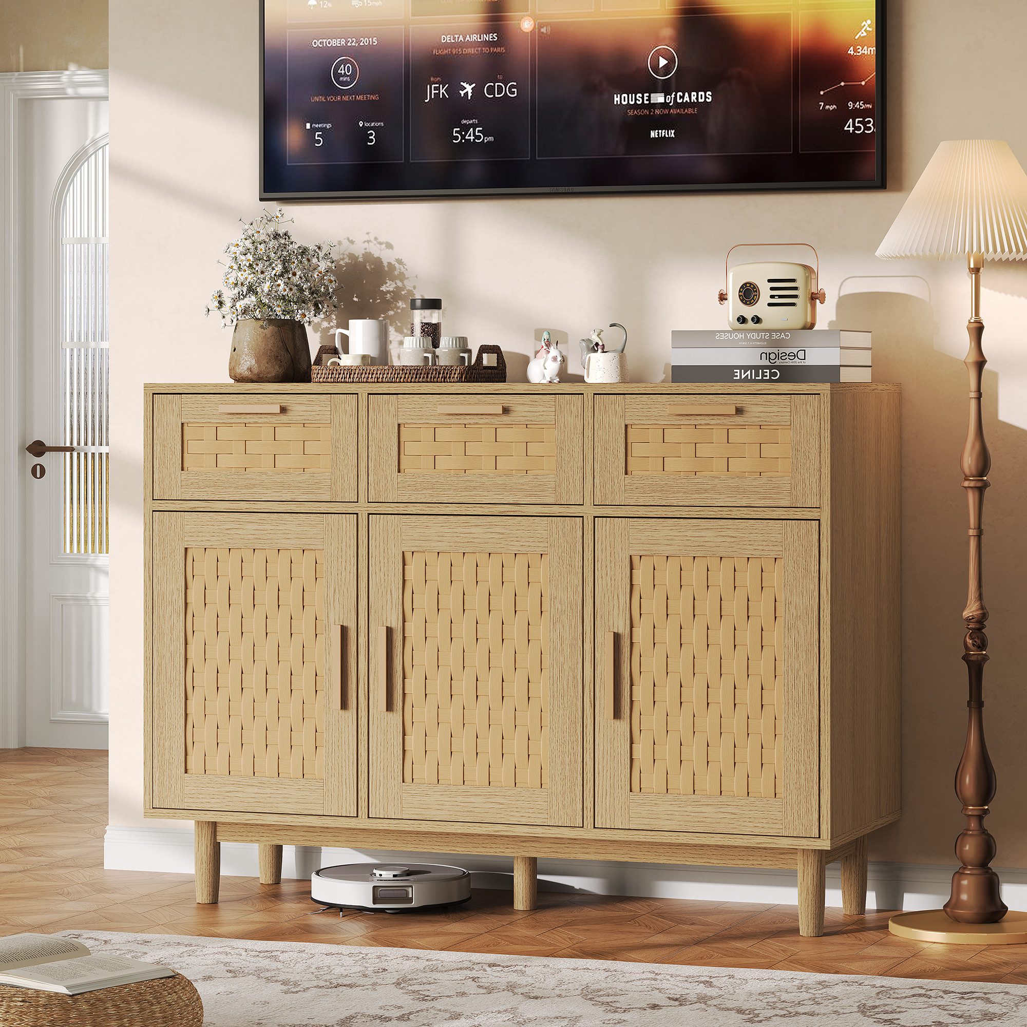 zebery Kommode Sideboard Buffetschrank aus Rattan, Holzbeine (Set, 1 St., Anrichte Küchenschrank mit 3 Schubladen und 3 Türen, Metallgriff), für Schlafzimmer, Wohnzimmer, Flur, 108x40x80cm, Schwarz