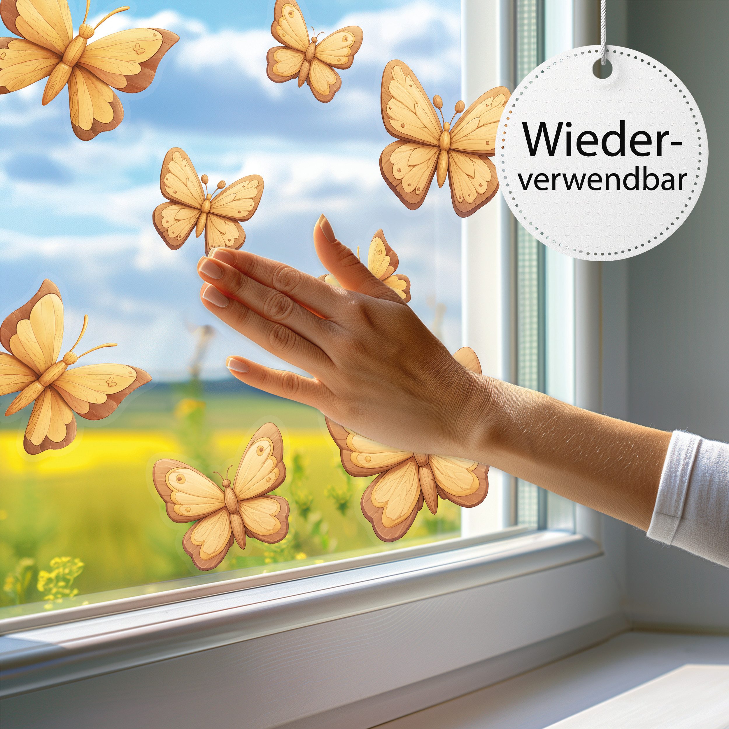 Sunnywall Fensterbild wiederverwendbares Fensterbild Schmetterling in Holz-Optik, wiederverwendbar, statisch haftend, beidseitiger Druck