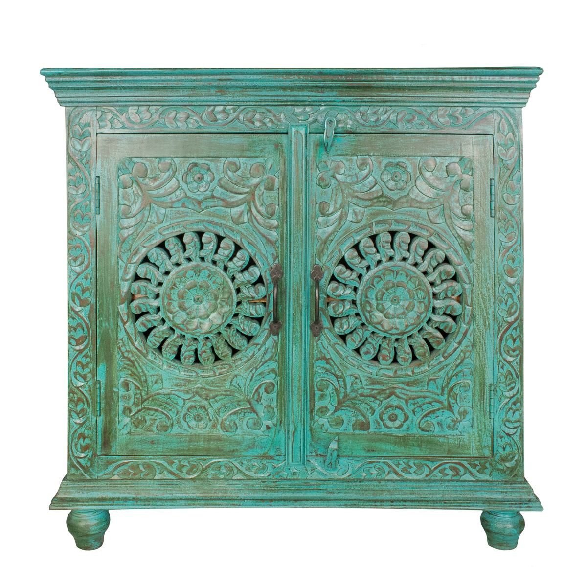 Oriental Galerie Unterschrank Türkis Sideboard Kommode Taralea Indien Antik Design 90 cm Kommode Landhausstil Weiß, Holzkommode massiv, Shabby Chic, Vintage