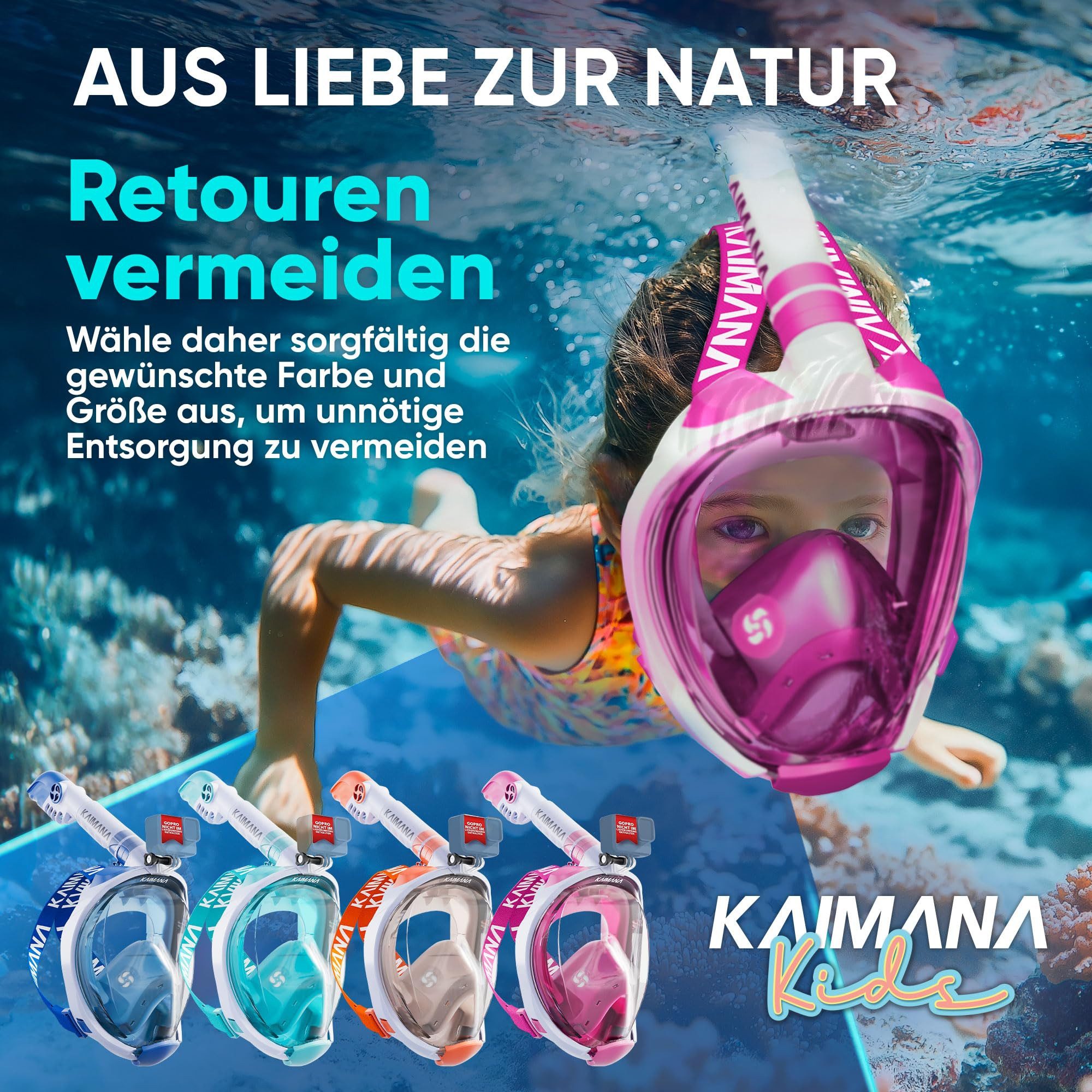 KAIMANA Tauchermaske - Die Preisgekrönte Schnorchelmaske Kinder inkl. Tragetasche, (Taucherbrille Kinder 4 Jahre - Kinder Schnorchelmaske), absolut CO₂ sichere Tauchmaske Kinder - Tauchermaske Kinder