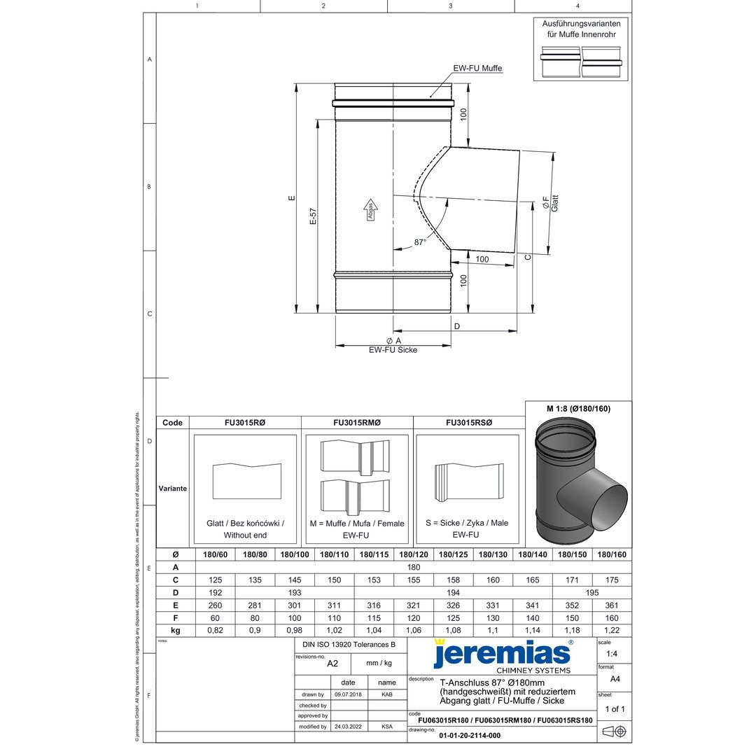 Jeremias Schornstein EW-FU T-Anschl. 87° red. (WIG) Ø 130 mm auf Ø 100 mm, Ø 130100 mm