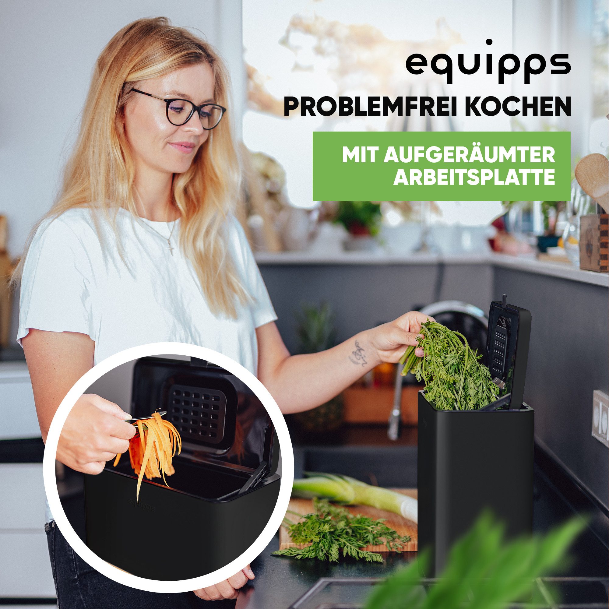equipps Biomülleimer Biomülleimer mit Geruchsfilter 6L, Komposteimer Küche für Biomüll, mit Aktivkohlefilter, Schwingdeckel