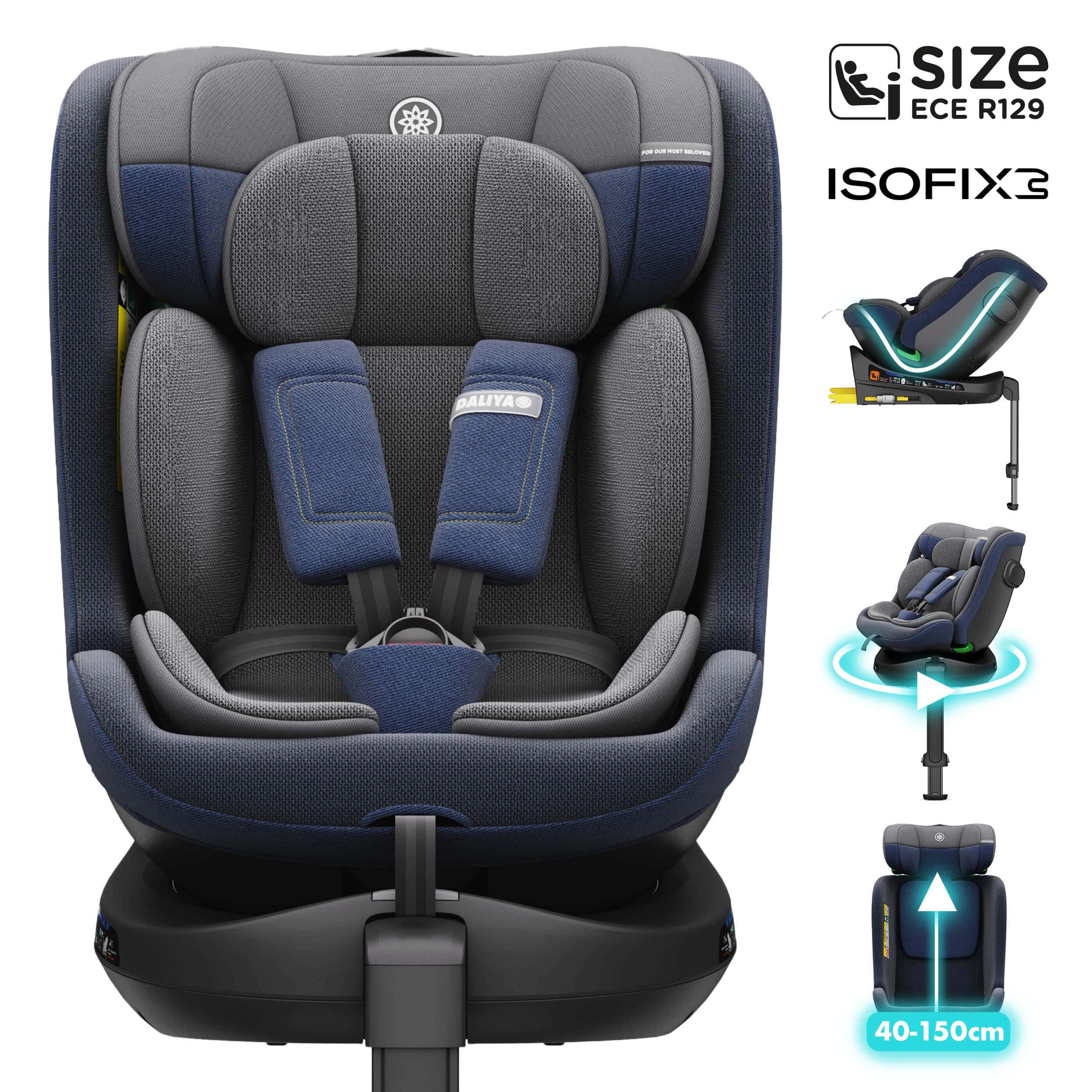 Daliya® Autokindersitz BRAVO i-Size Auto-Kindersitz, 360° drehbar, mitwachsend, atmungsaktiv, ab: ab Geburt, bis: bis 12 Jahre, ab: 40 cm, bis: 150 cm, (Neugeborenen-Set, 4-tlg), 8 Stufen Sitzneigung, verstellbare Kopfstütze, Stützbein, Belüftet