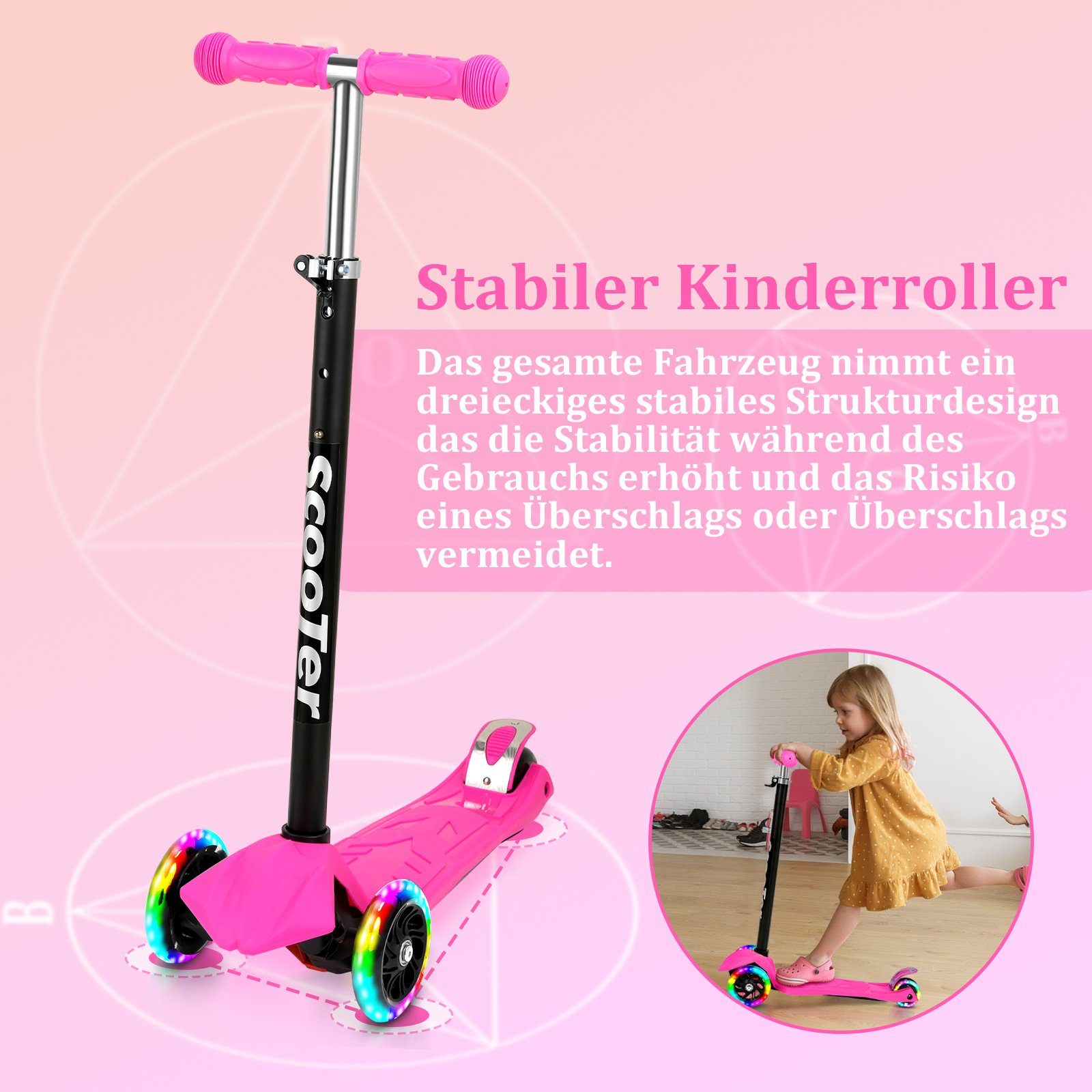 Kinderroller Scooter Höhenverstellbar bis Clanmacy Tretroller kg LED-Räder 50 Rosa