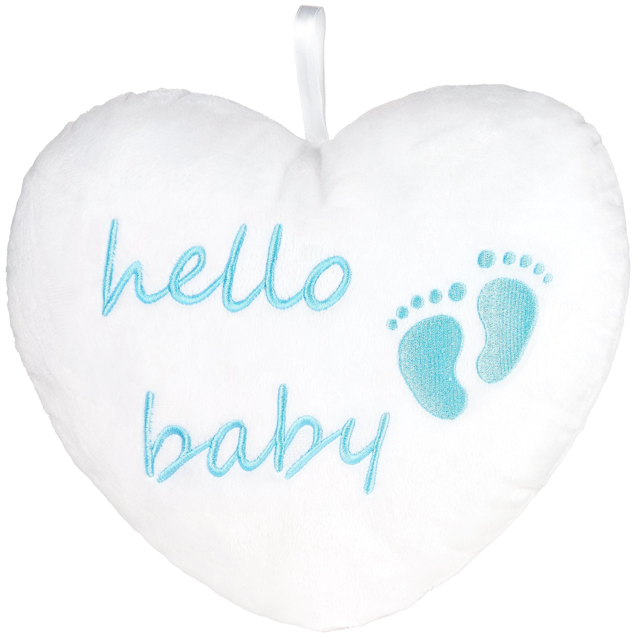 BRUBAKER Dekokissen Plüschherz Hello Baby 25 cm - Babyparty Geschenk zur Geburt, Zierkissen Herz aus Plüsch - Babyzimmer Deko - Kissen