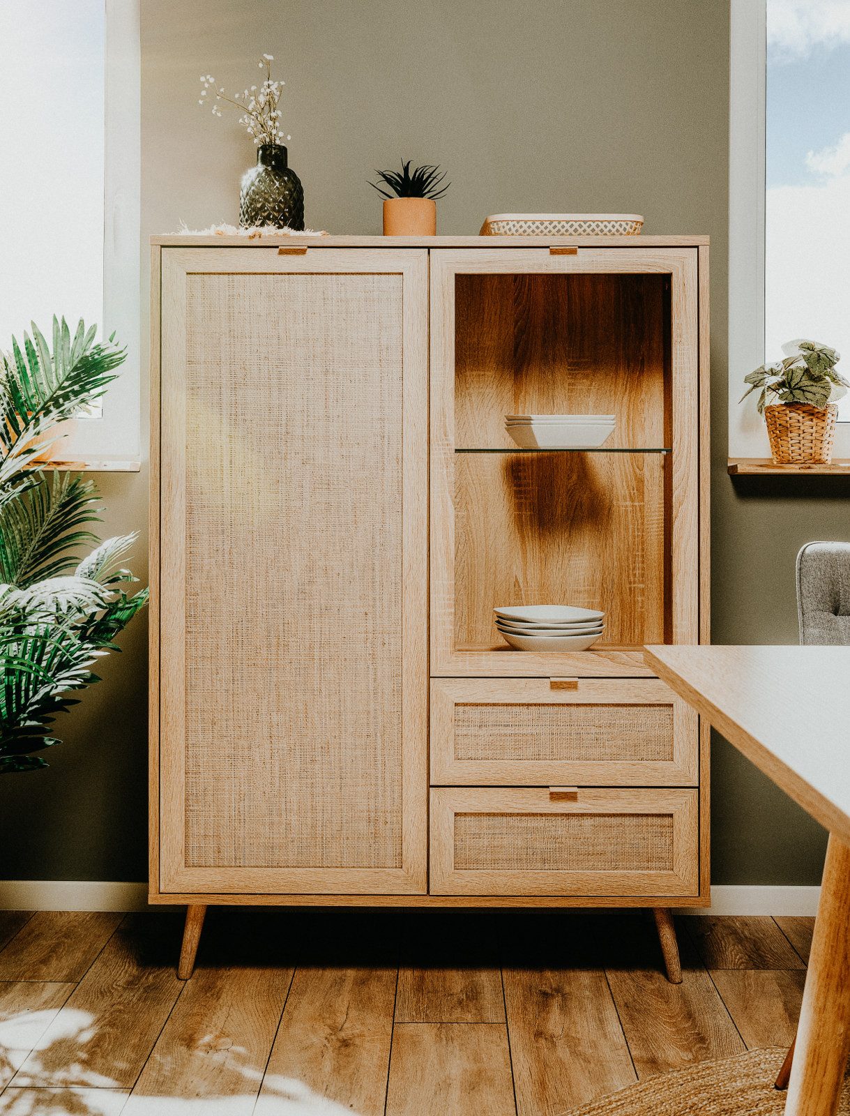 Furn.Design Highboard Niran (in Eiche Sonoma mit Bast - Dekor, Kommode 102 x 139 cm), Scandi Design
