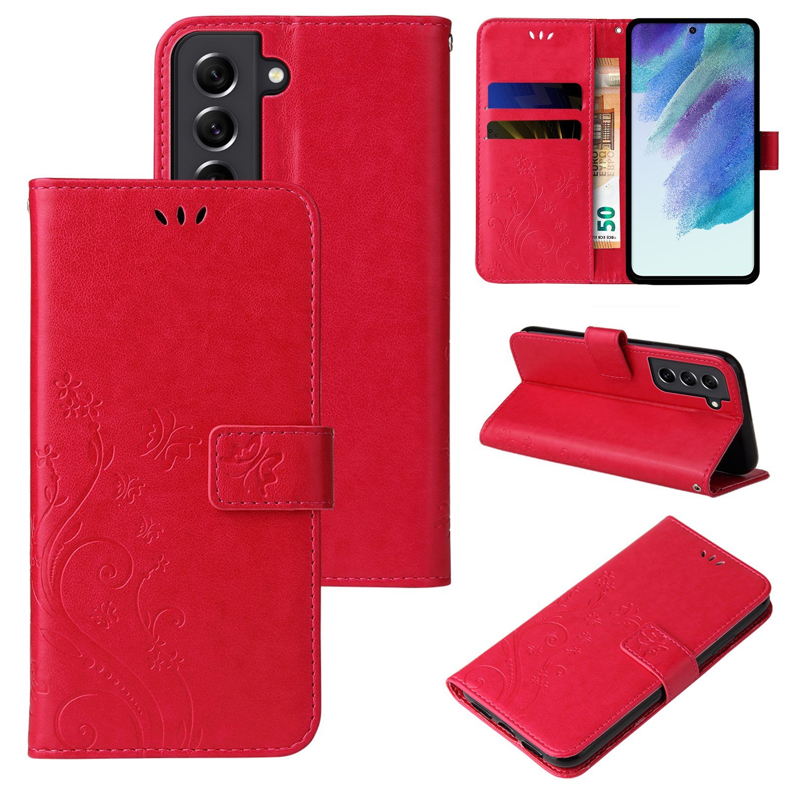 Tec-Expert Handyhülle Cover Tasche Hülle für Samsung Galaxy S21 FE 6,4 Zoll, Klapphülle Case mit Kartenfach Fliphülle aufstellbar, Motiv Blumen