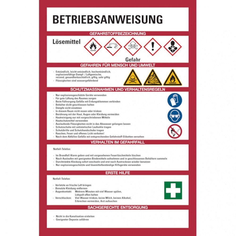 König Werbeanlagen Hinweisschild Aushang, Betriebsanweisungen für Lösemittel - GHS/ISO 7010 Piktogramme