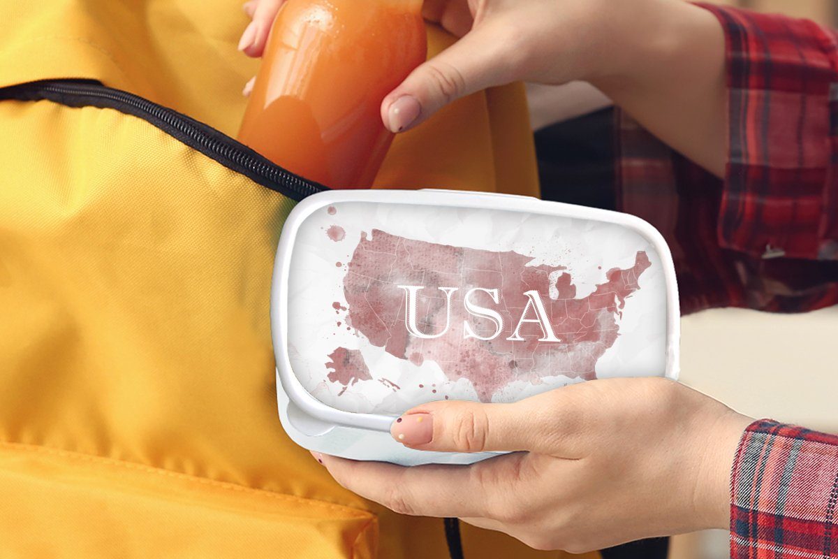 Kunststoff, für Brotdose, Lunchbox Brotbox Kinder (2-tlg), Erwachsene, und Karte Aquarell, und weiß Jungs MuchoWow für - Amerika - Mädchen