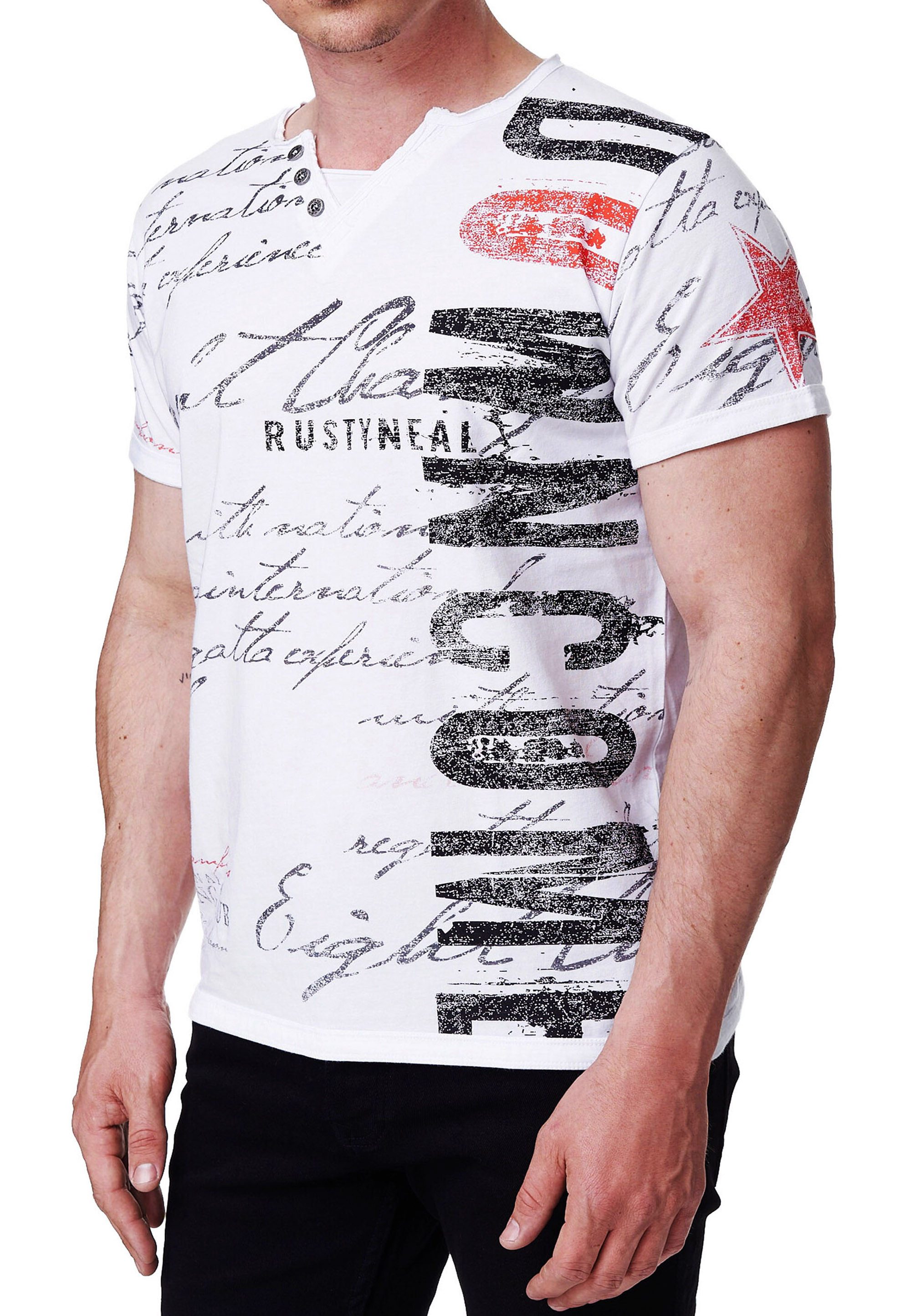 T-Shirt T-Shirt V-Neck mit Knopfleiste Verwaschen & Bedruckt Logo Print