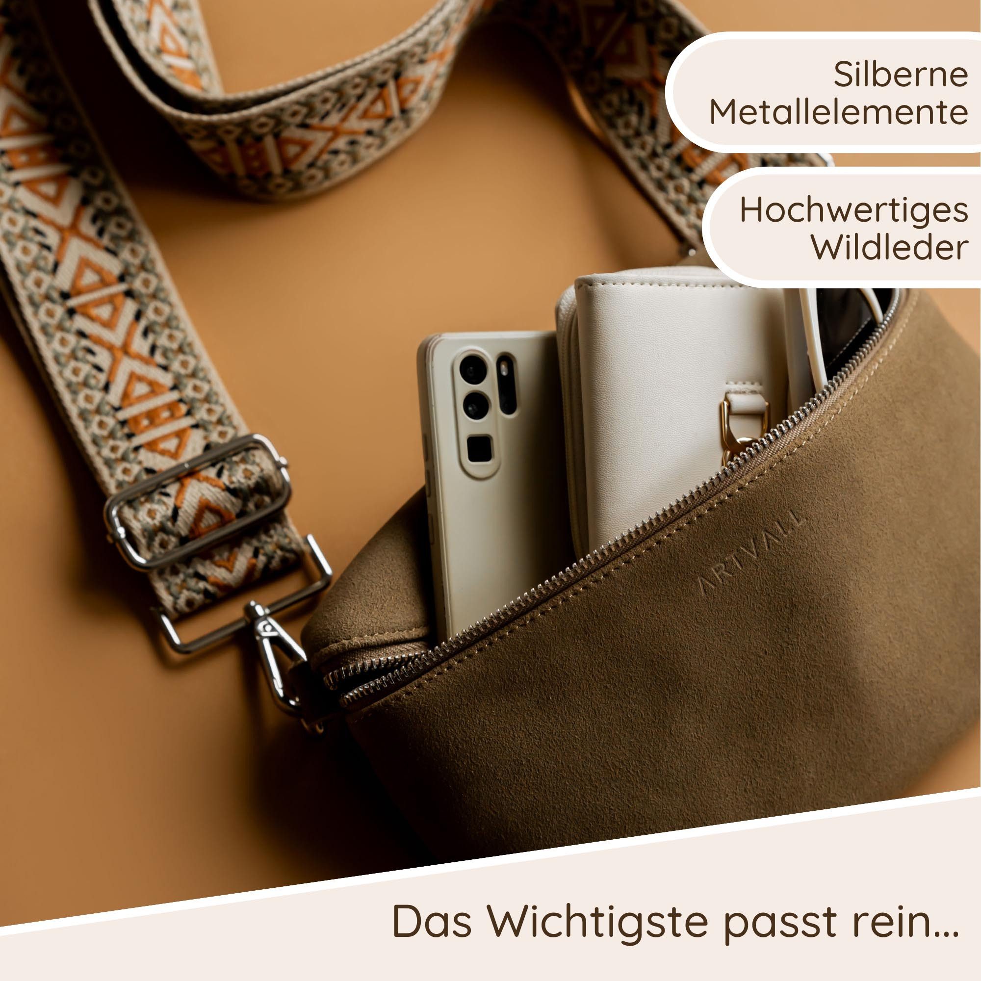 ARTVALL Umhängetasche Wildleder Handtasche Brusttasche Crossbody Beige (Tasche inkl. Taschenband), Bauchtasche Wildleder Klein mit Schultergurt abnehmbar Crossbody Bag
