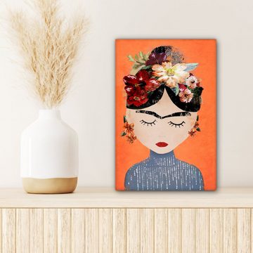 OneMillionCanvasses® Leinwandbild Porträt - Frida Kahlo - Orange - Frau - Blumen, (1 St), Leinwandbild fertig bespannt inkl. Zackenaufhänger, Gemälde, 20x30 cm