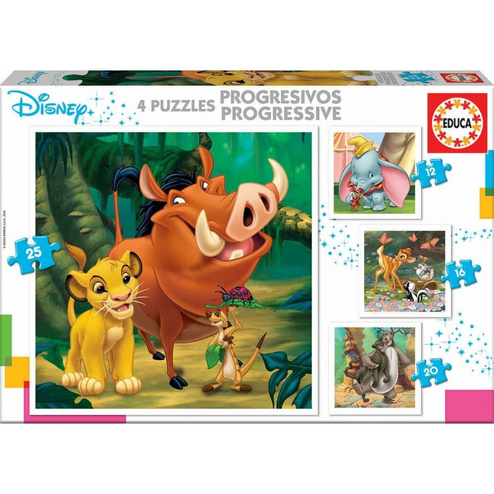 Educa Пазли 18104, Disney Tiere, 4-in-1 Пазлиset für Kinder ab 3 Jahren, Пазли, Пазлиteile