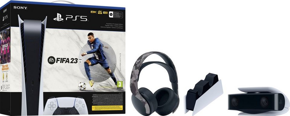 PlayStation 5 -Digital Edition, inkl.Fifa 23 (Download Code)+ Ladestation +PULSE  3D Headset Camouflage