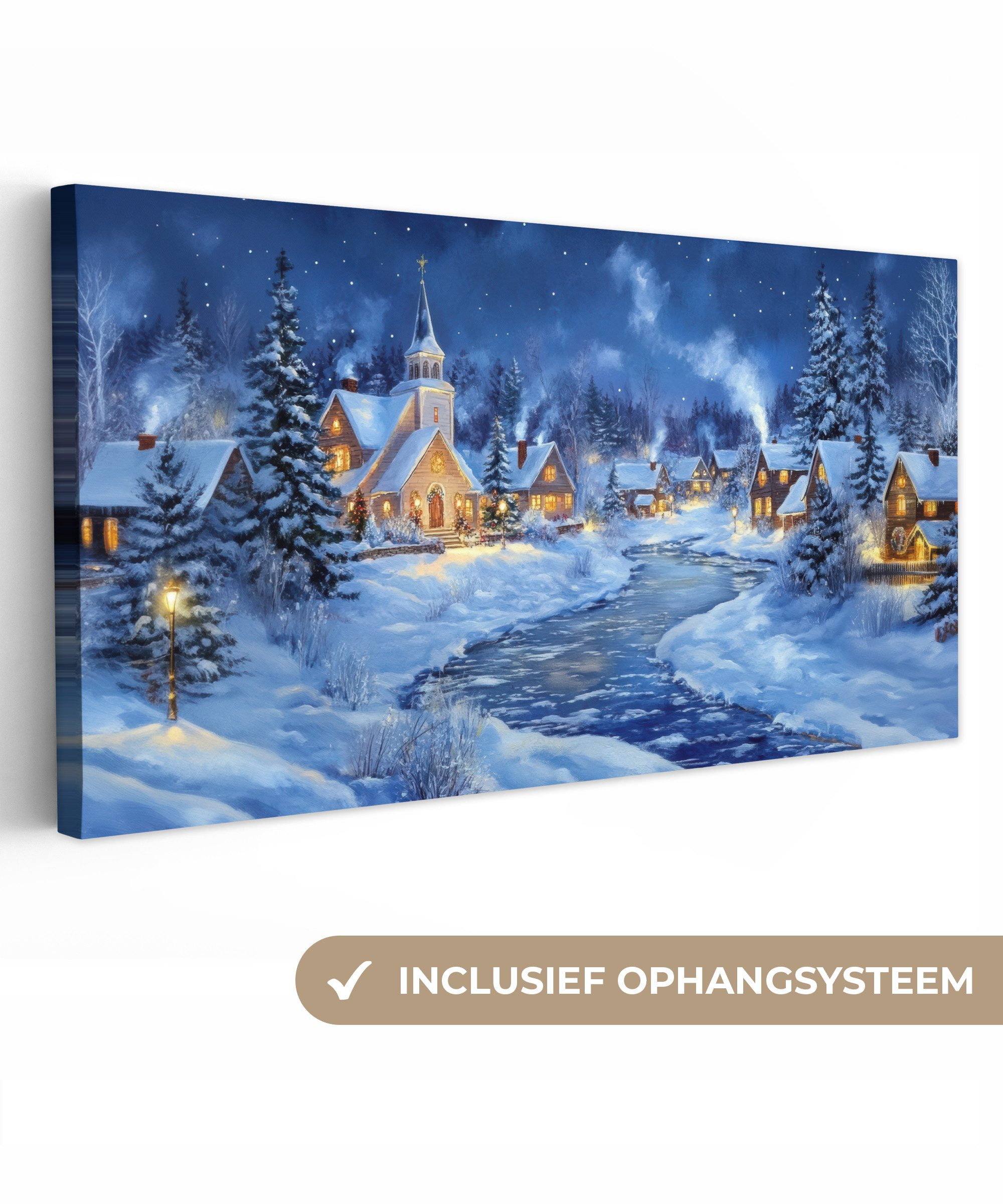 OneMillionCanvasses® Leinwandbild Panorama Winterabend - Weihnachtsdorf - Dunkelheit, Fotodruck (1 St), Wandbild, Deko Schlafzimmer Wohnzimmer Flur 40x20 cm