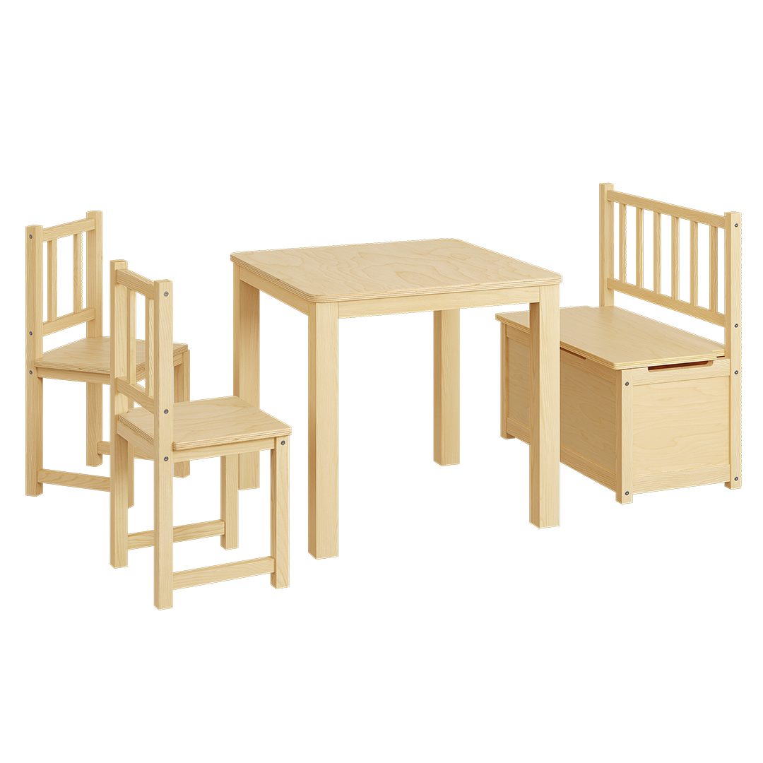 Bellabino Kindersitzgruppe Sora, (2 Stühle, 1 Sitzbank und 1 Tisch), Holzsitzgruppe aus Massivholz, abgerundete Ecken, Natur