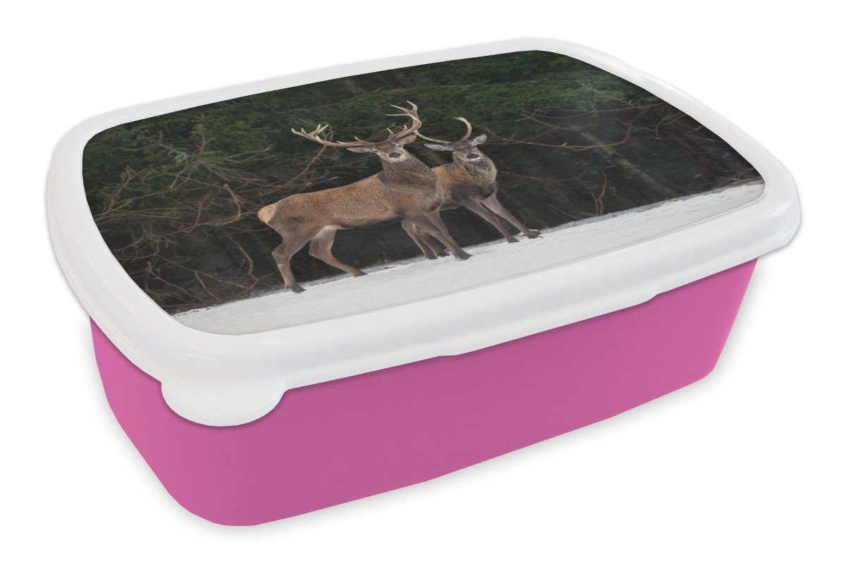 MuchoWow Lunchbox Rotwild - Schnee - Wald, Kunststoff, (2-tlg), Brotbox für Erwachsene, Brotdose Kinder, Snackbox, Mädchen, Kunststoff rosa