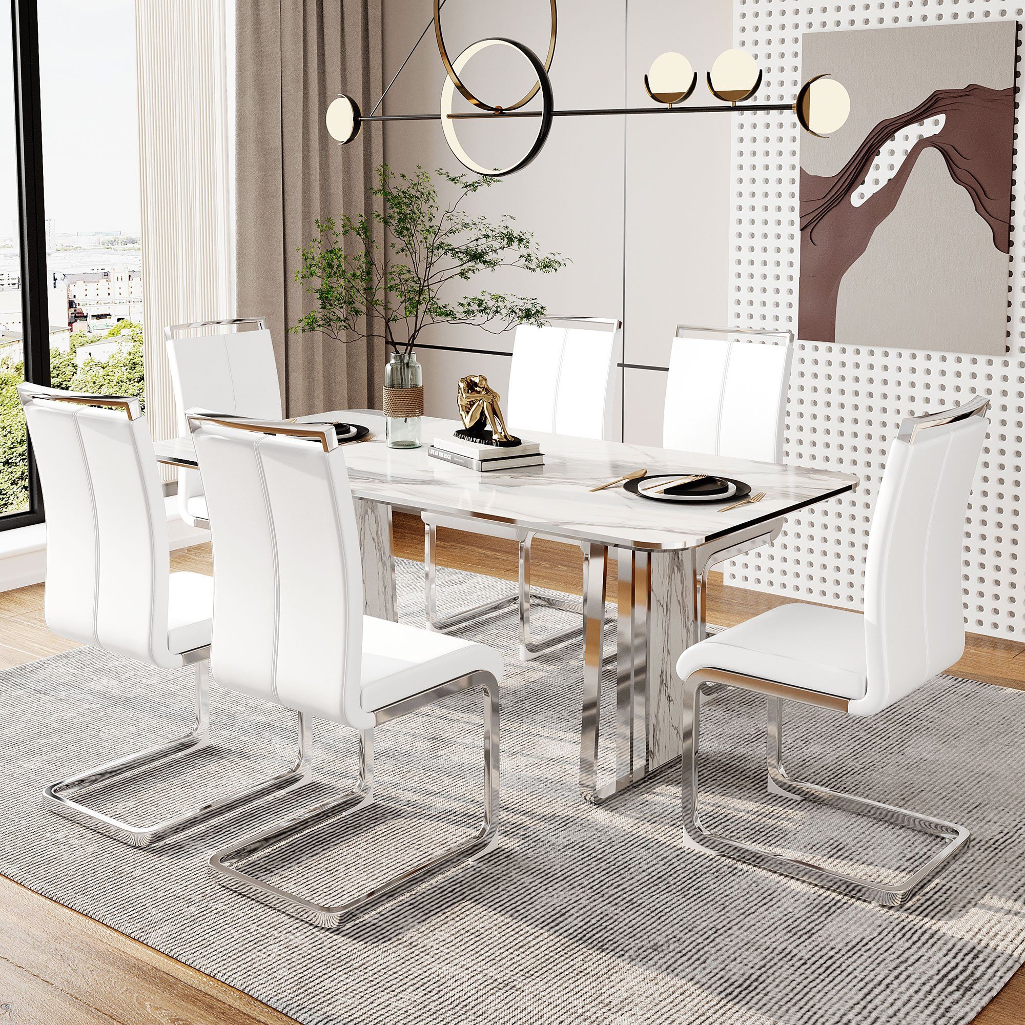 Merax Freischwinger (4 St), Schwingstuhl Esszimmerstuhl, 4er Set, Polsterstuhl, aus Kunstleder Weiß | Silber | Weiß