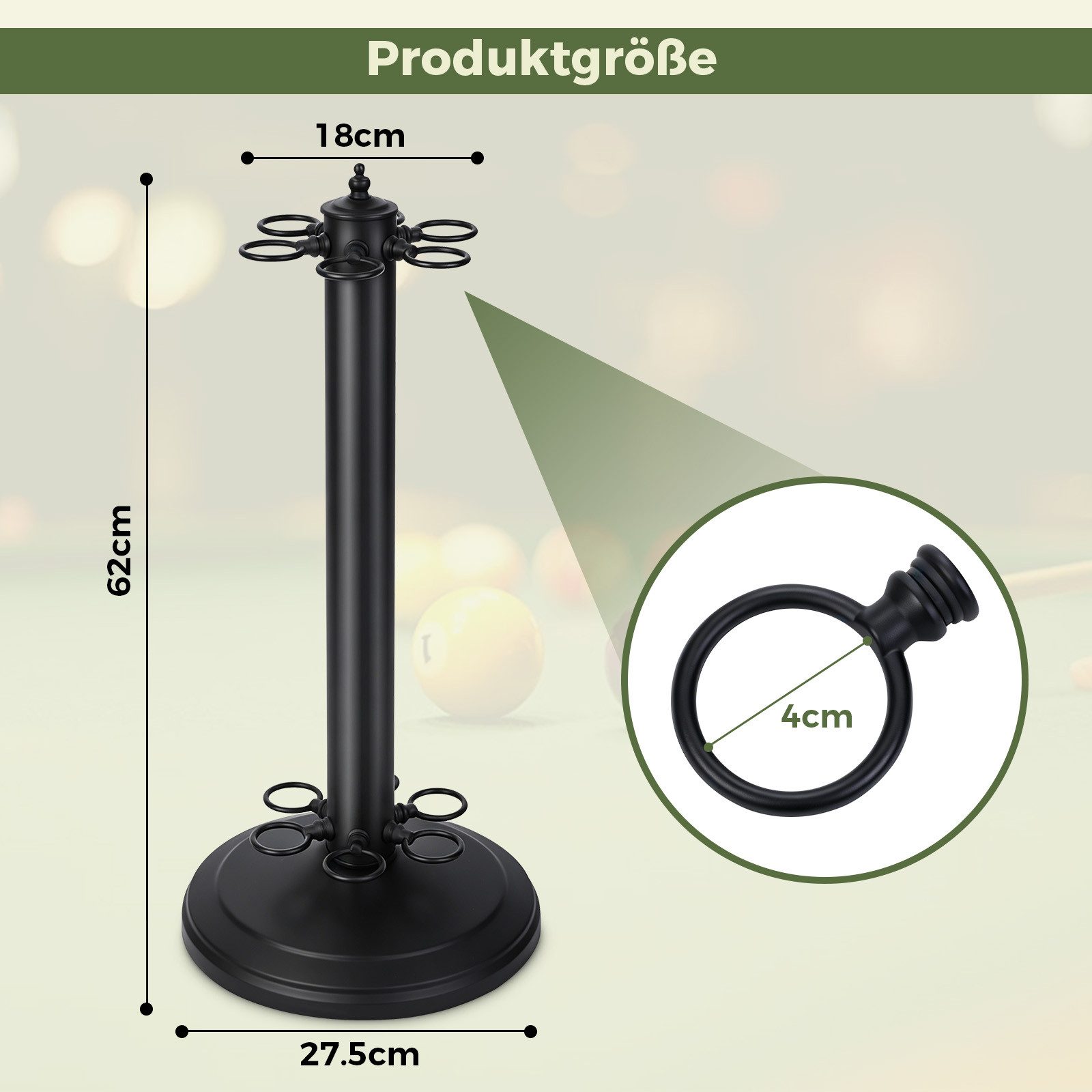 QUBEBU Billardqueue Billard-Queue Ständer, Freistehender Billard-Queue-Rack für 6 Queues, (Metall Pool-Queue-Halter für Billard-Spielzimmer, Pooltisch-Zubehör, 1-tlg), Rundes Billardtischständer für Spielzimmer, Billardzimmer