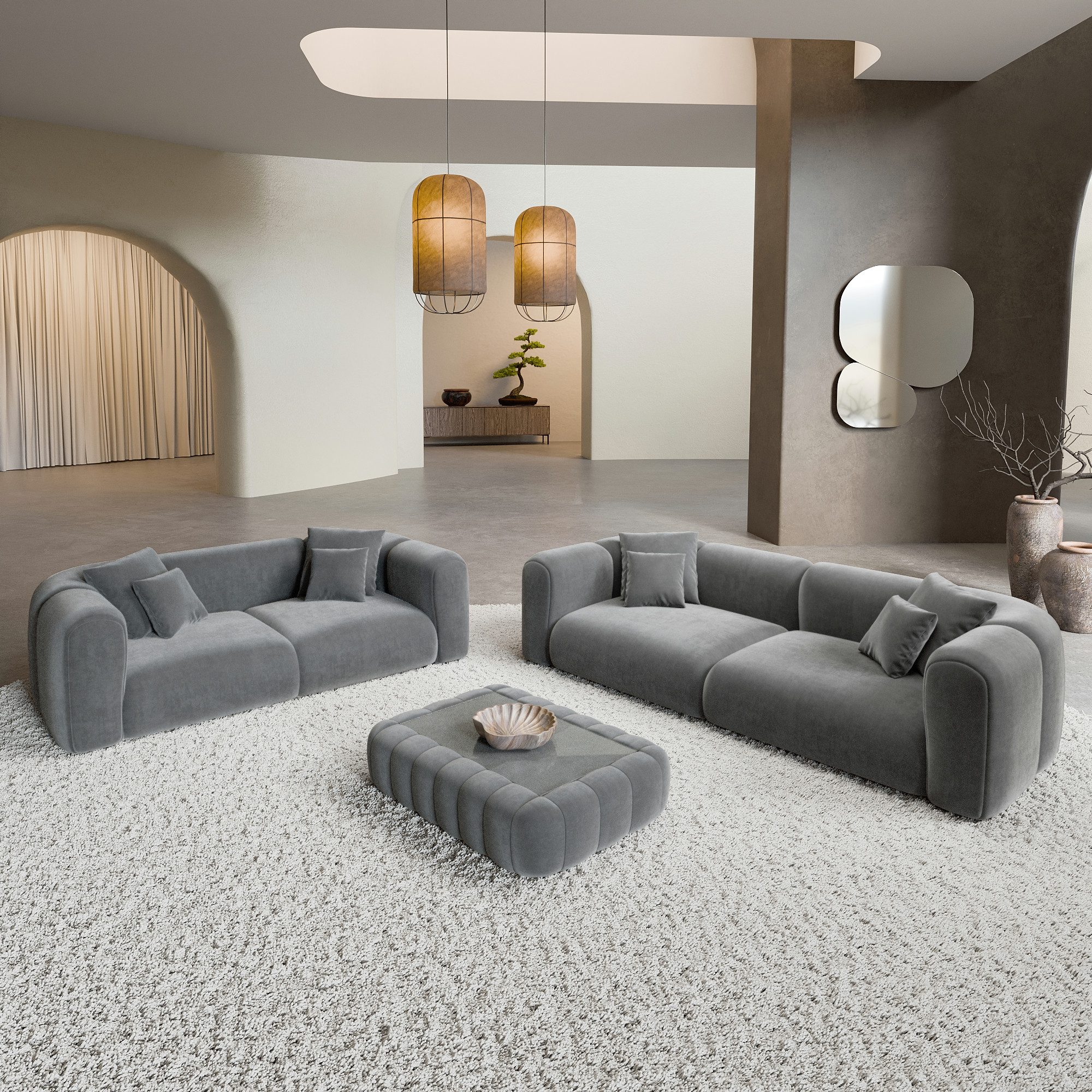 Sofa Dreams Polstergarnitur Venturia 3er & 2er Couchgarnitur, (Sofa-Set, 2 Teile, Couchgarnitur, inkl. Zierkissen), 3-Sitzer, 2-Sitzer Sofagarnitur, Lounge, Samtstoff Bezug in Dunkelgrau