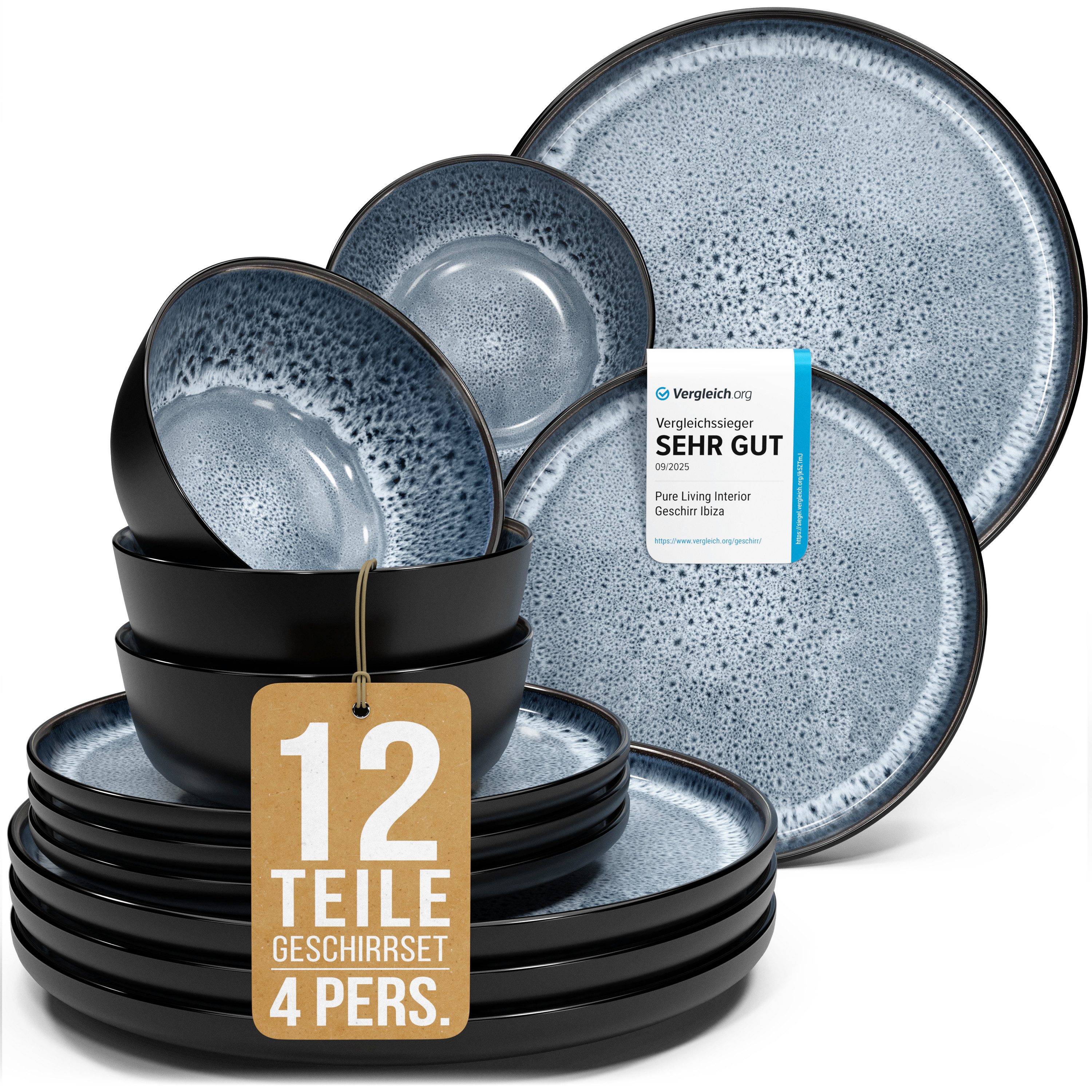 PURE LIVING INTERIOR DESIGN Geschirr-Set Ibiza aus Steingut, 12-tlg., für 4 Personen, Graublau (12-tlg), 4 Personen, Steingut