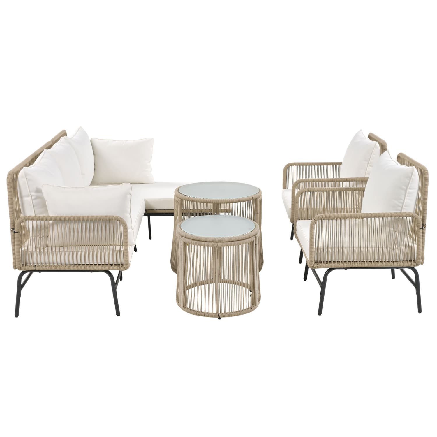 autolock Gartenlounge-Set Gartenlounge-Set,Gartenmöbel-Set,mit Eisenrahmen,aus gewebtem Seil, 2 Sessel,zwei 2-Sitzer-Sofas und zwei Tische (alle Kissen inklusive)
